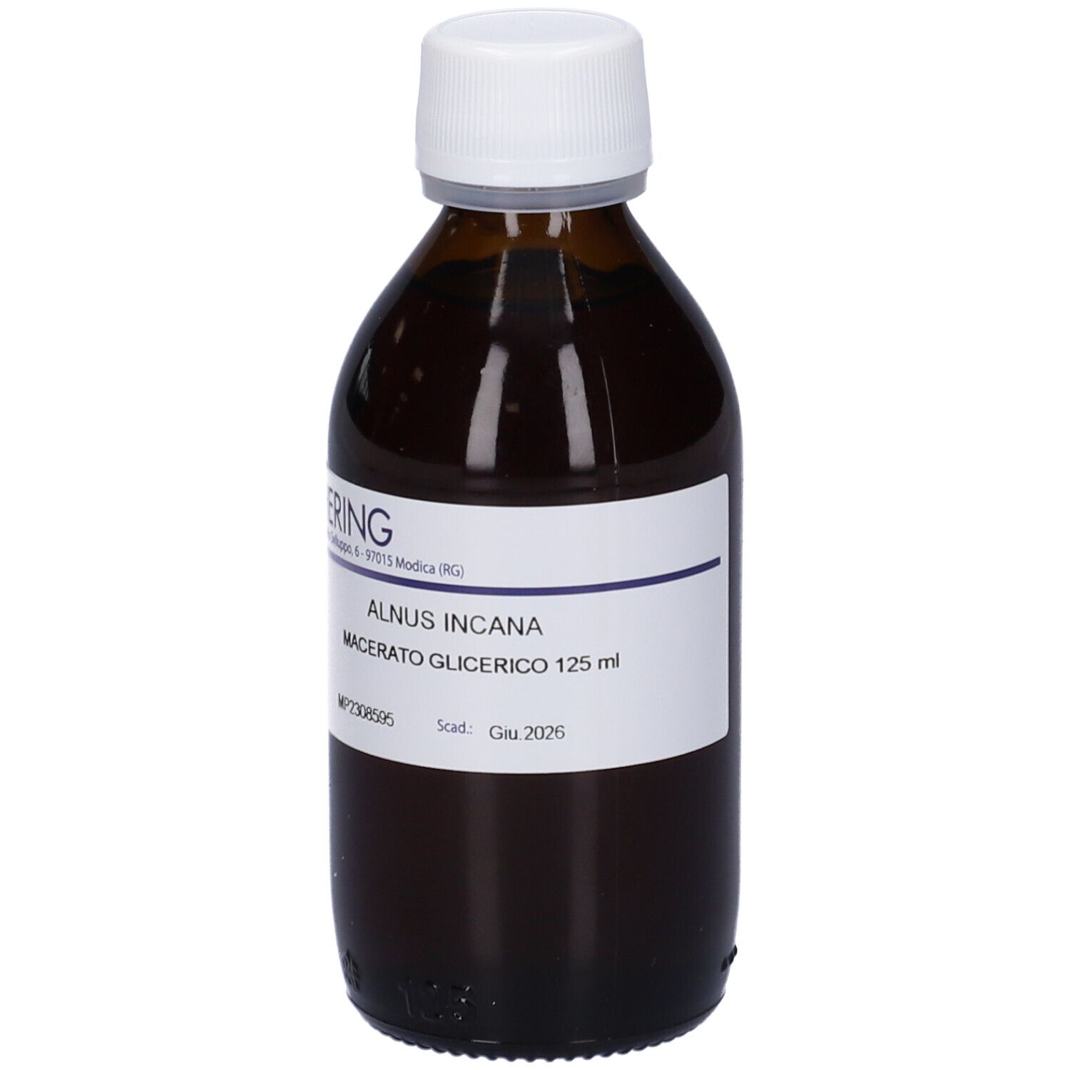 Flacone di vetro marrone con tappo bianco ed etichetta. Scritta: ALNUS INCANA Macerato Glicerico 125 ml. Marchio HERING.