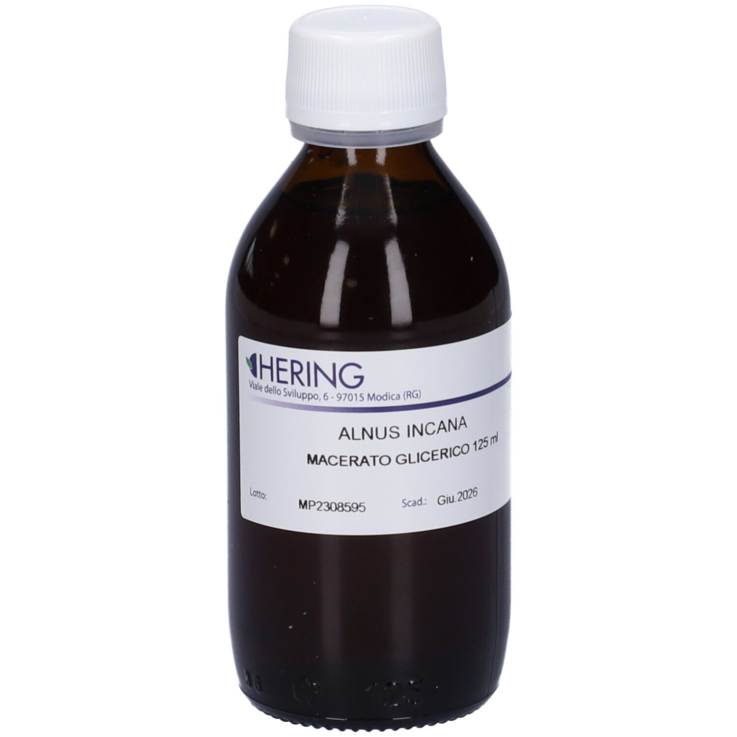 Flacone di vetro marrone con tappo bianco ed etichetta. Scritta: ALNUS INCANA Macerato Glicerico 125 ml. Marchio HERING.