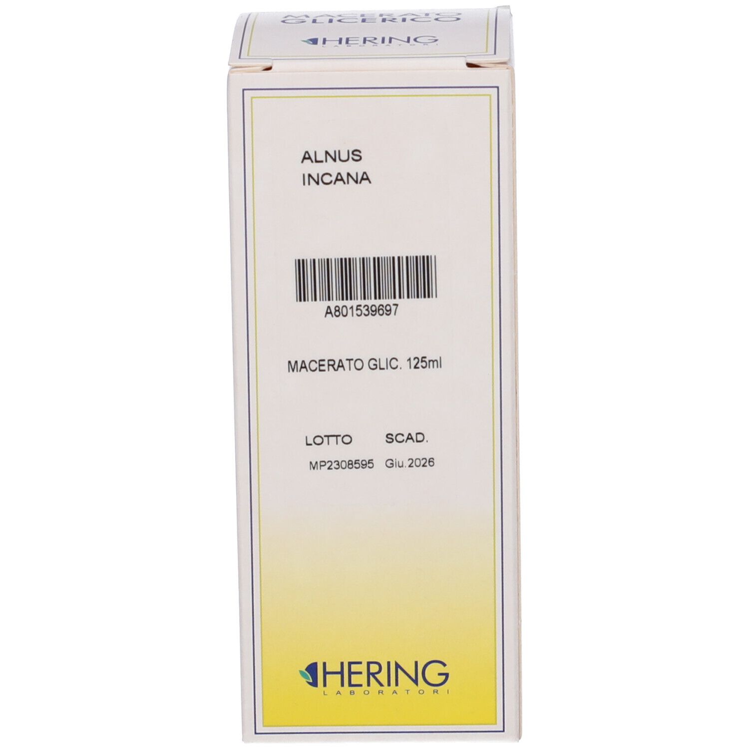 Scatola bianca con scritta: ALNUS INCANA Macerato Glicerico 125 ml. Marchio HERING. Codice a barre e logo.