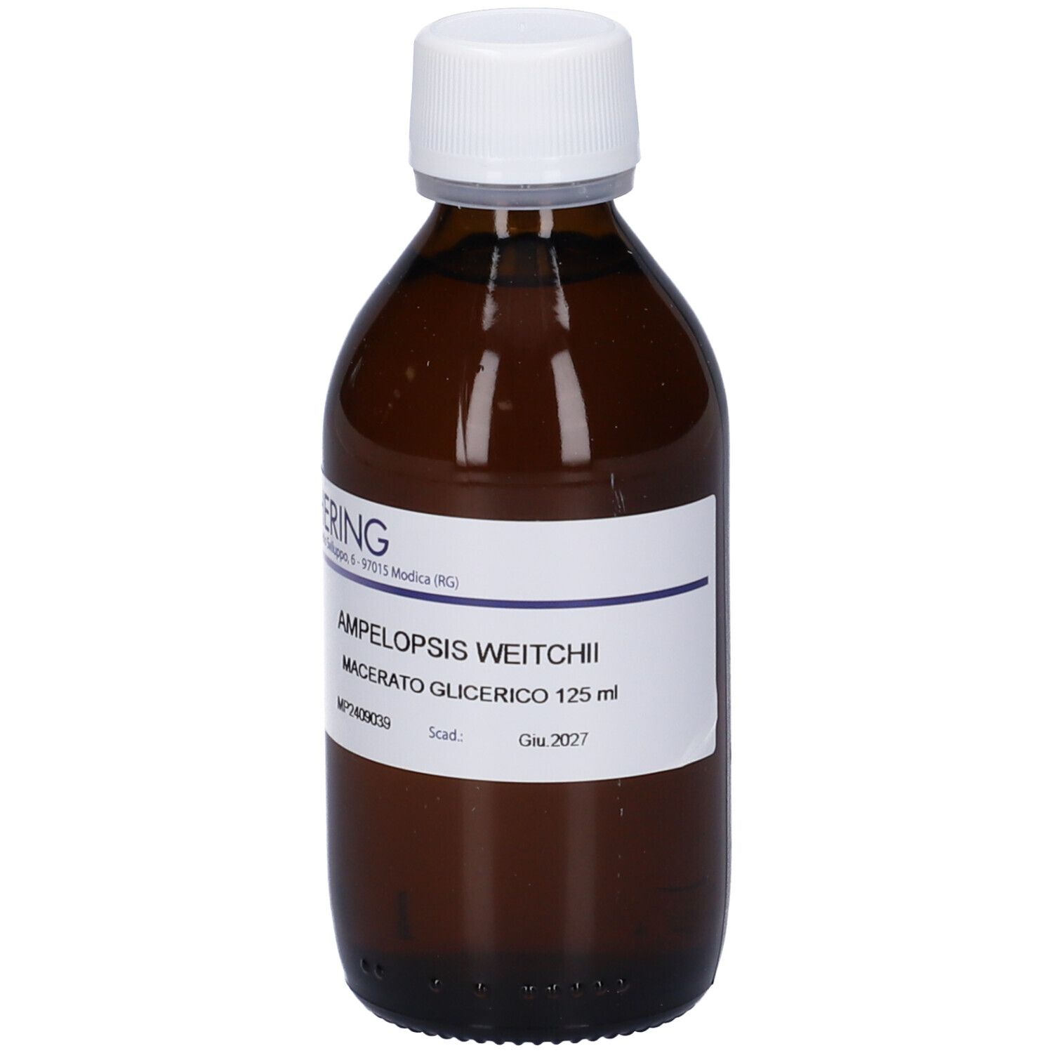 Flacone di vetro marrone con tappo bianco ed etichetta. Scritta: Ampelopsis Weitchii Macerato Glicerico 125 ml. Marchio: HERING.