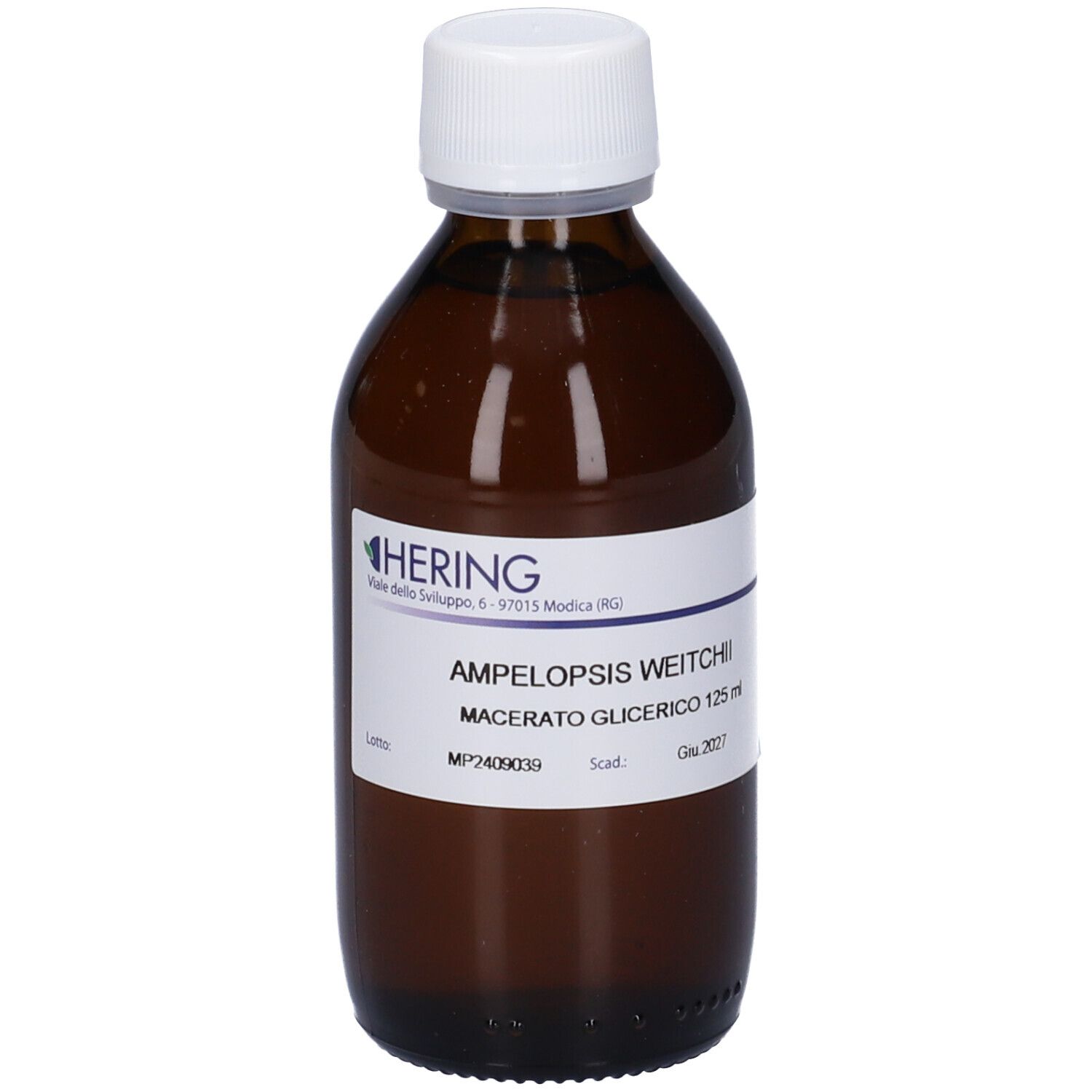 Flacone di vetro marrone con tappo bianco ed etichetta. Scritta: Ampelopsis Weitchii Macerato Glicerico 125 ml. Marchio: HERING.
