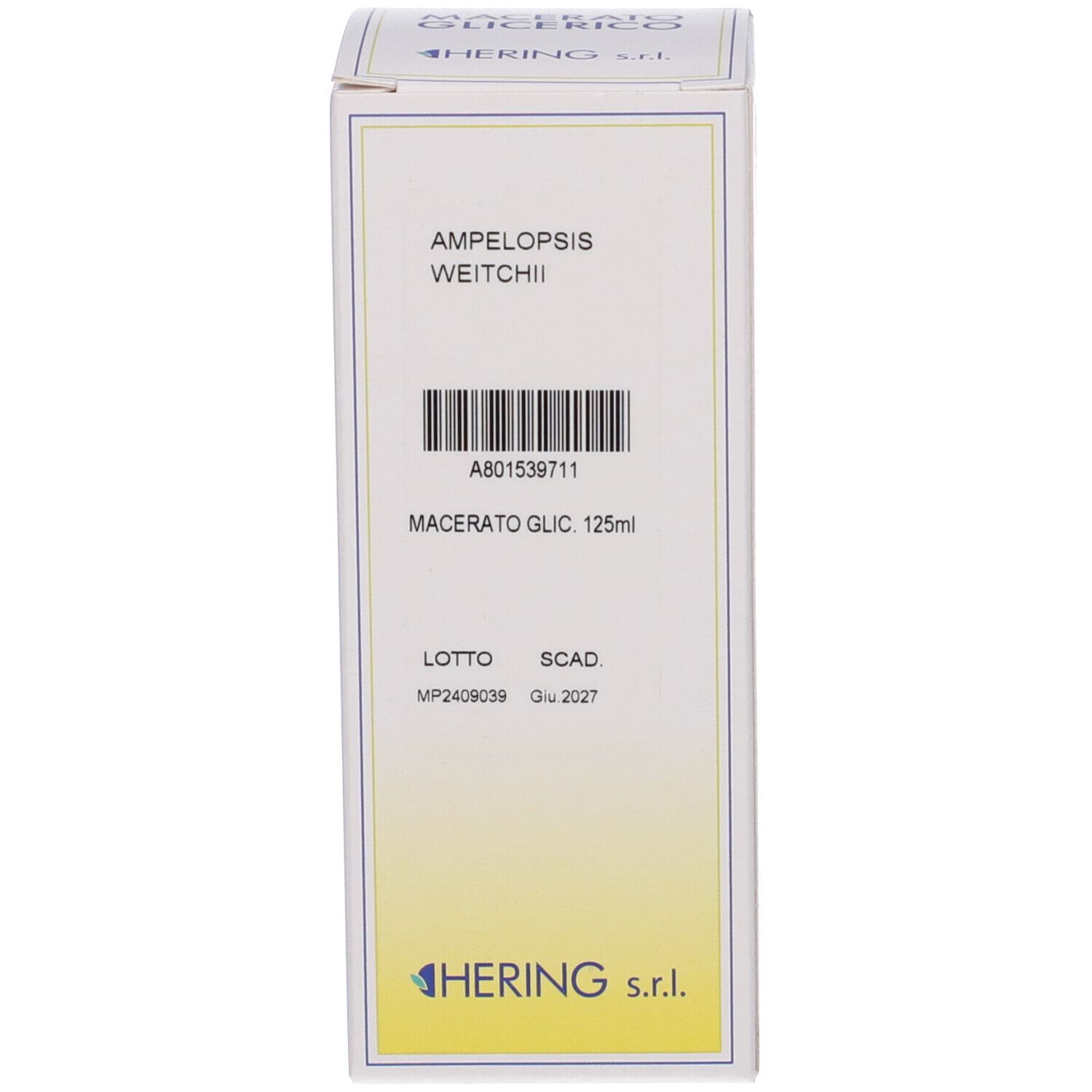 Confezione con nome del prodotto e marchio HERING. Testo: Ampelopsis Weitchii Macerato Glicerico 125ml.