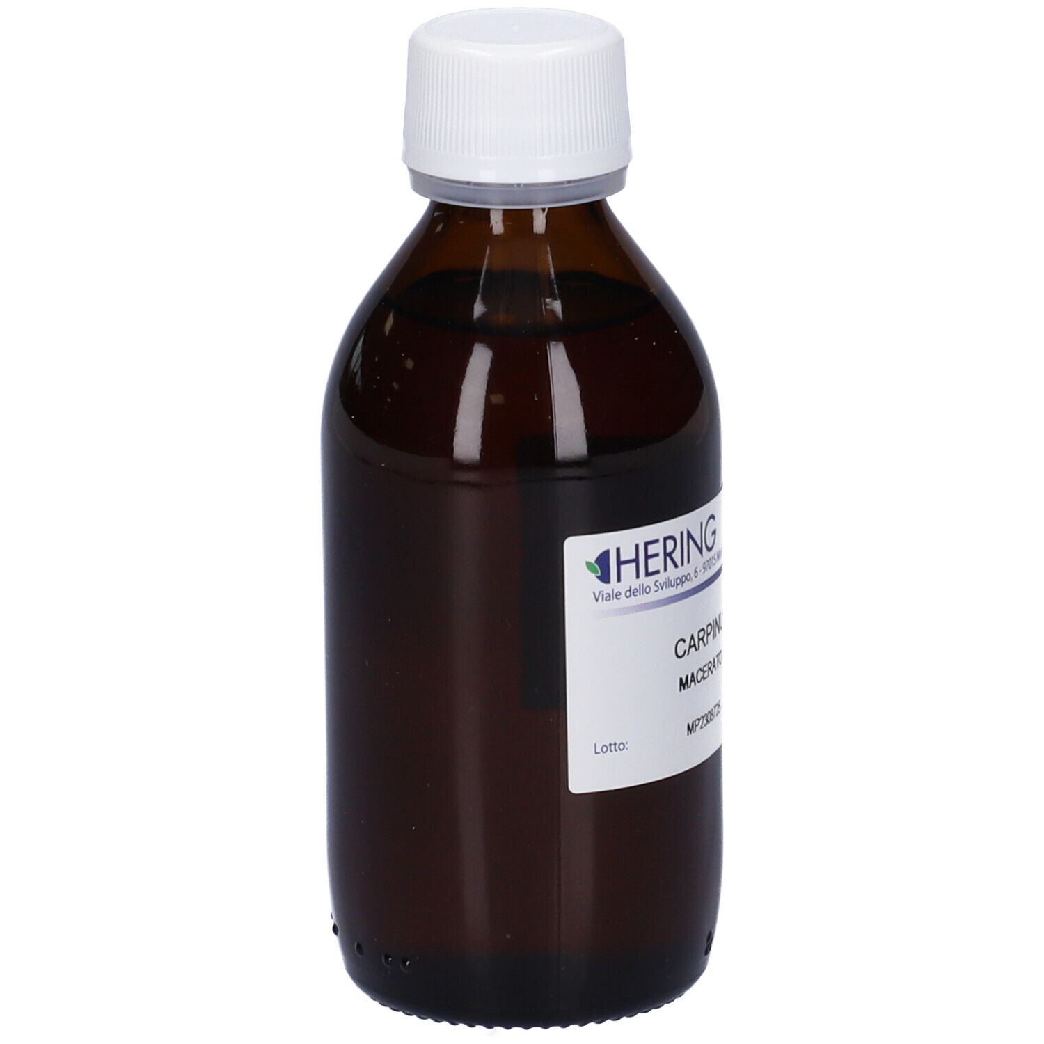 Flacone di vetro marrone con tappo bianco ed etichetta. Scritta: HERING, Carpinus Bet. 1DH MG, Macerato Glicerico.