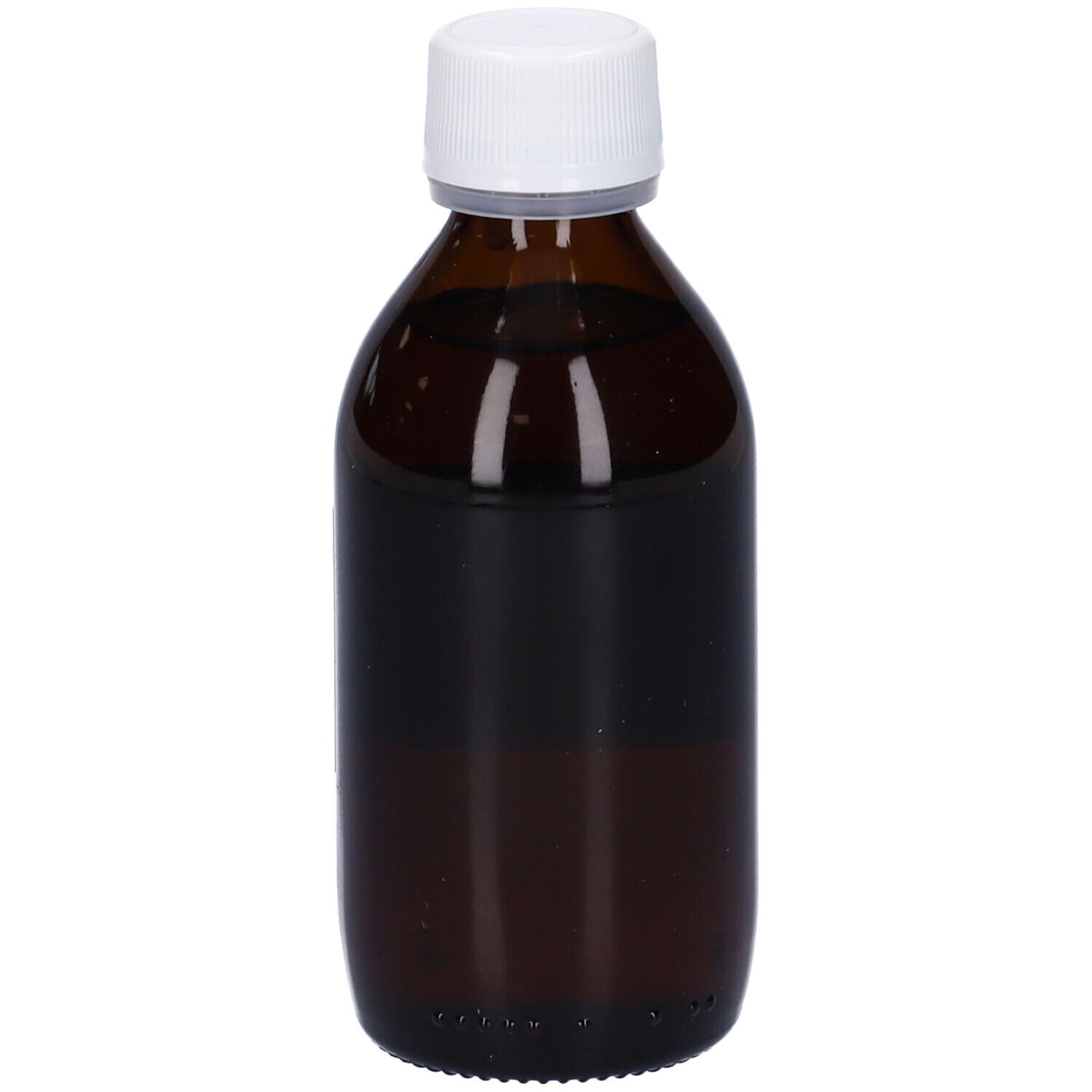 Flacone di vetro marrone con tappo bianco. Liquido visibile. Etichetta illeggibile.