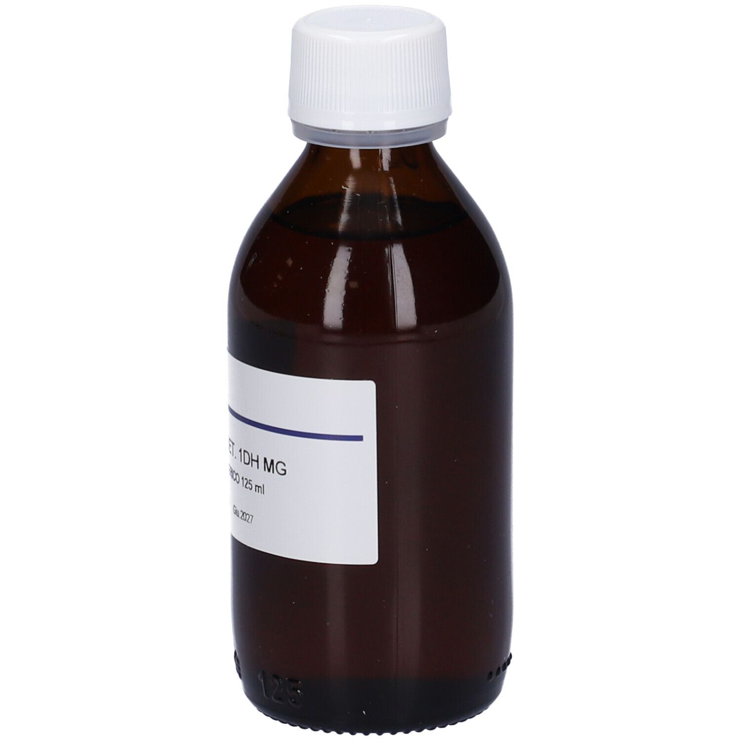 Flacone di vetro marrone con tappo bianco ed etichetta. Scritta: Carpinus Bet. 1DH MG, 125 ml.