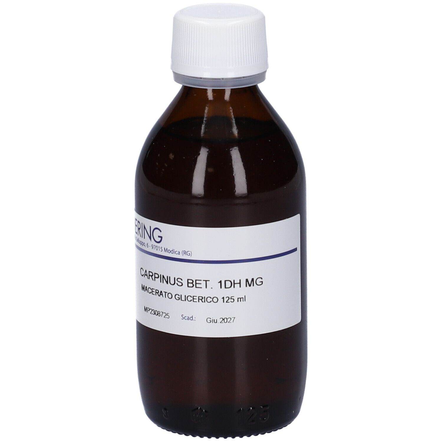 Flacone di vetro marrone con tappo bianco ed etichetta. Scritta: HERING, Carpinus Bet. 1DH MG, Macerato Glicerico 125 ml.