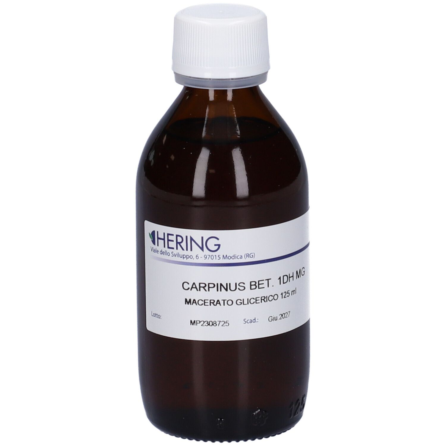 Flacone di vetro marrone con tappo bianco ed etichetta. Scritta: HERING, Carpinus Bet. 1DH MG, Macerato Glicerico 125 ml.