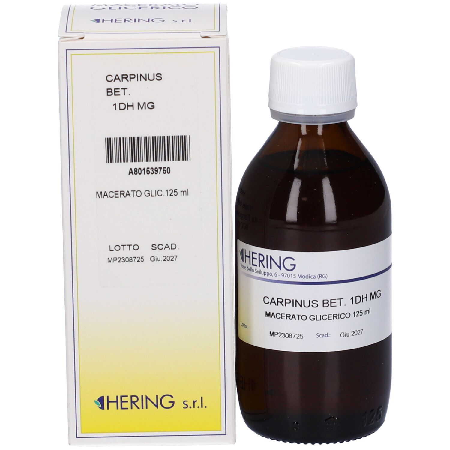 Flacone di vetro marrone e scatola. Scritta: HERING, Carpinus Bet. 1DH MG, Macerato Glic 125 ml. Scatola accanto.