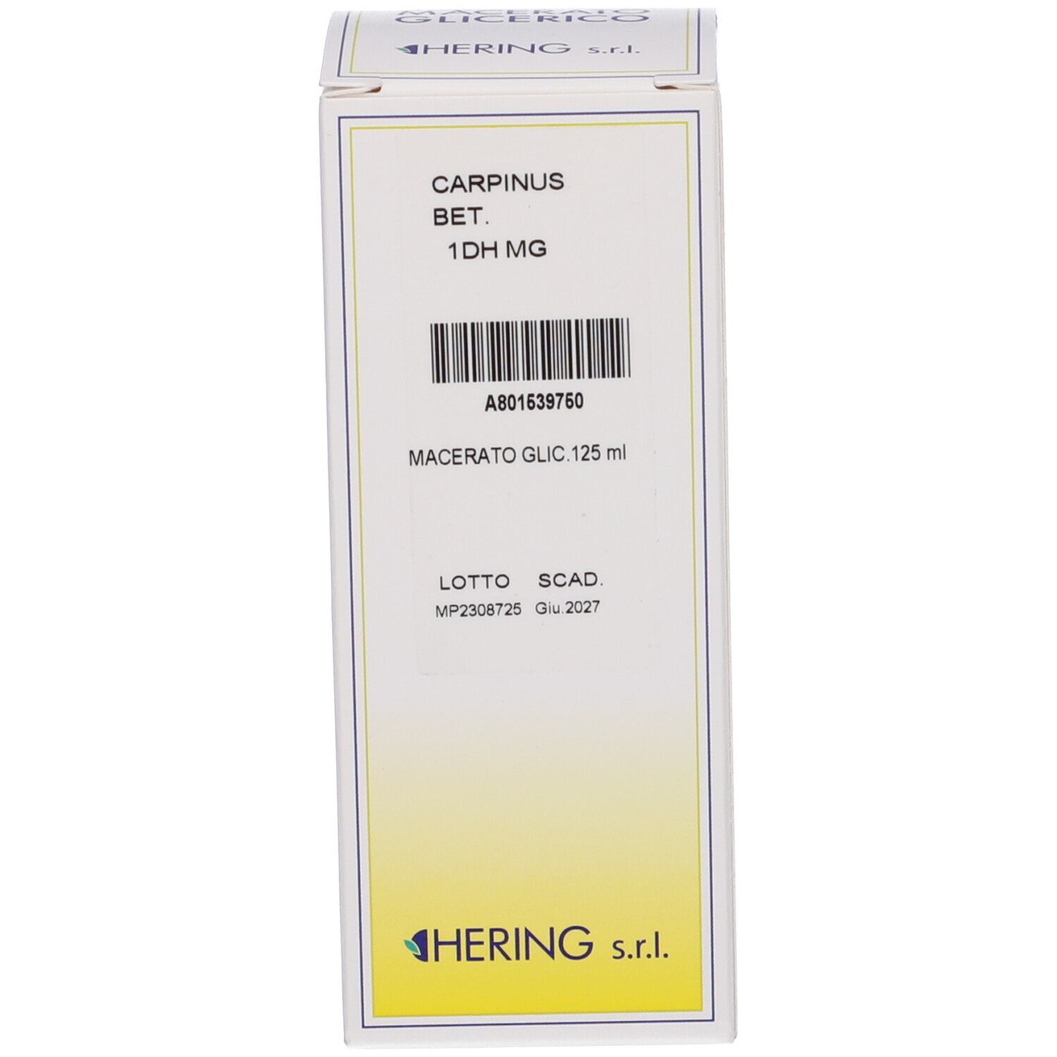 Scatola con scritta: Carpinus Bet. 1DH MG, Macerato Glic 125 ml. Logo HERING.
