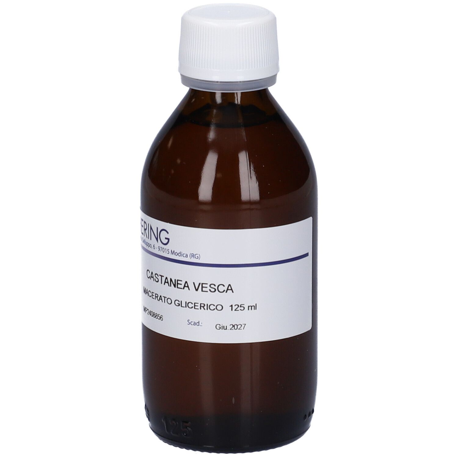 Flacone di vetro marrone con tappo bianco. Etichetta con nome del prodotto e produttore. HERING Castanea Vesca Macerato Glicerico.