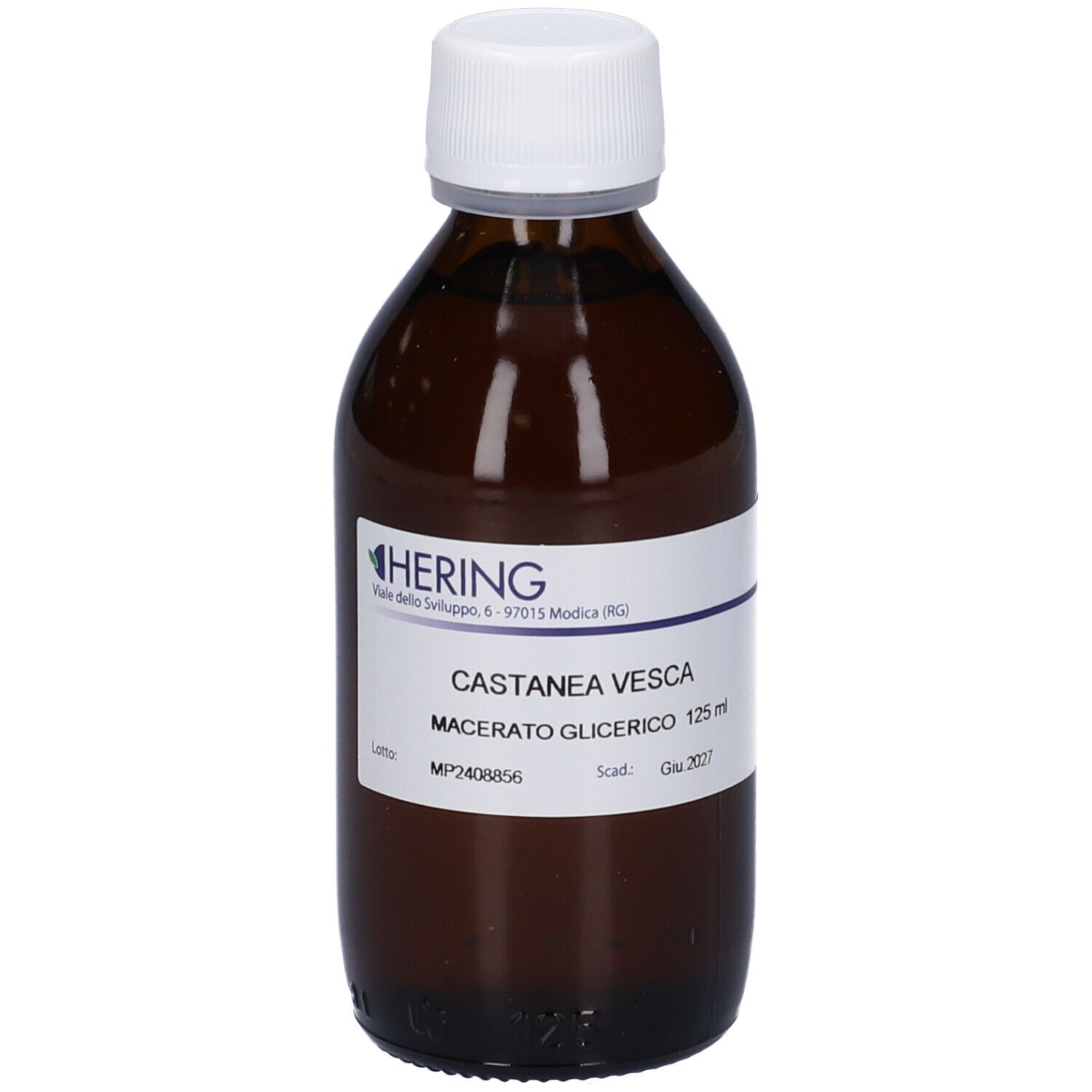Flacone di vetro marrone con tappo bianco. Etichetta con nome del prodotto e produttore. HERING Castanea Vesca Macerato Glicerico.