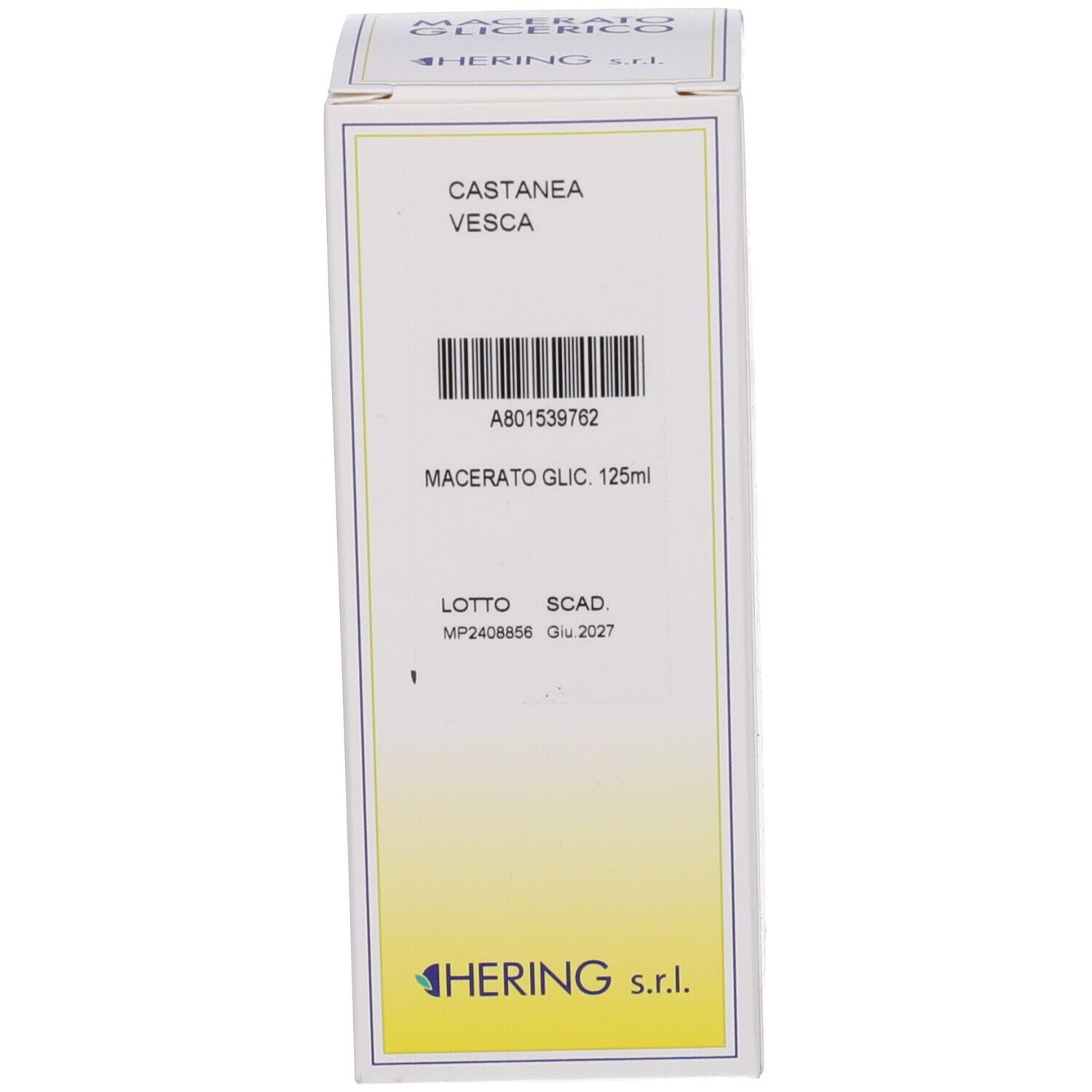 Confezione del prodotto con informazioni. HERING Castanea Vesca Macerato Glicerico. Scatola bianca con testo e logo.