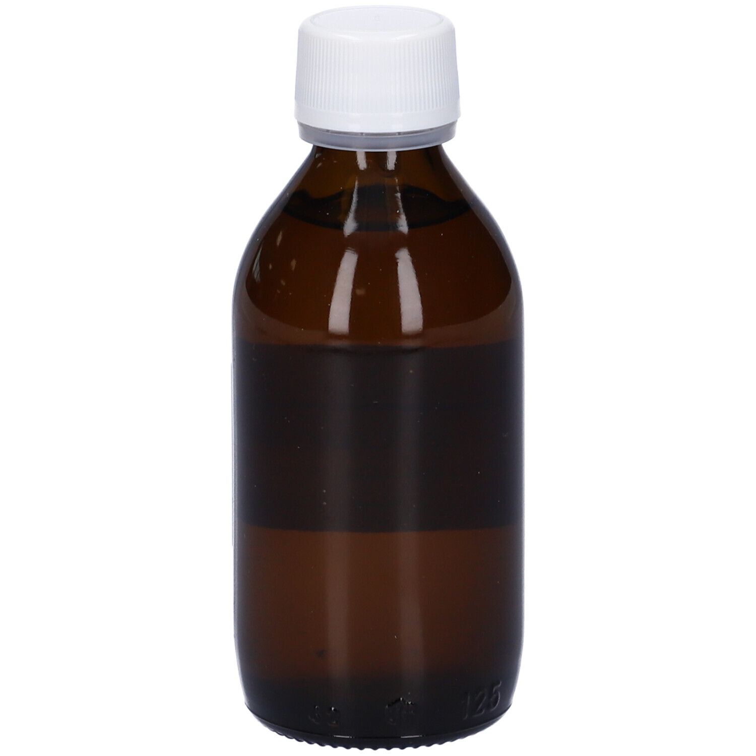 Flacone di vetro marrone con tappo bianco. Flacone in piedi. Liquido visibile. Nessuna etichetta o testo visibile.