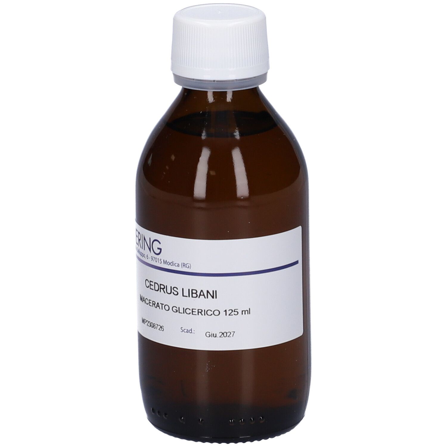 Flacone di vetro marrone con tappo bianco. Etichetta con testo: HERING, CEDRUS LIBANI, Macerato Glicerico. Flacone in piedi.