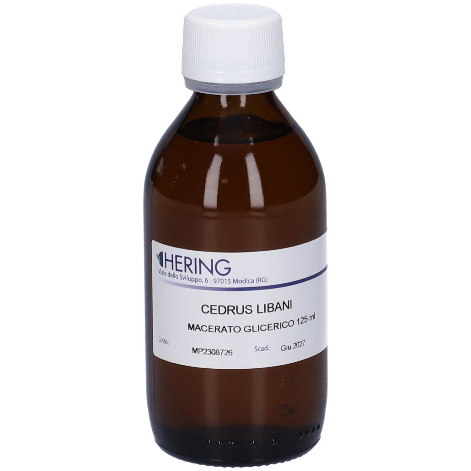 Flacone di vetro marrone con tappo bianco. Etichetta con testo: HERING, CEDRUS LIBANI, Macerato Glicerico. Flacone in piedi.