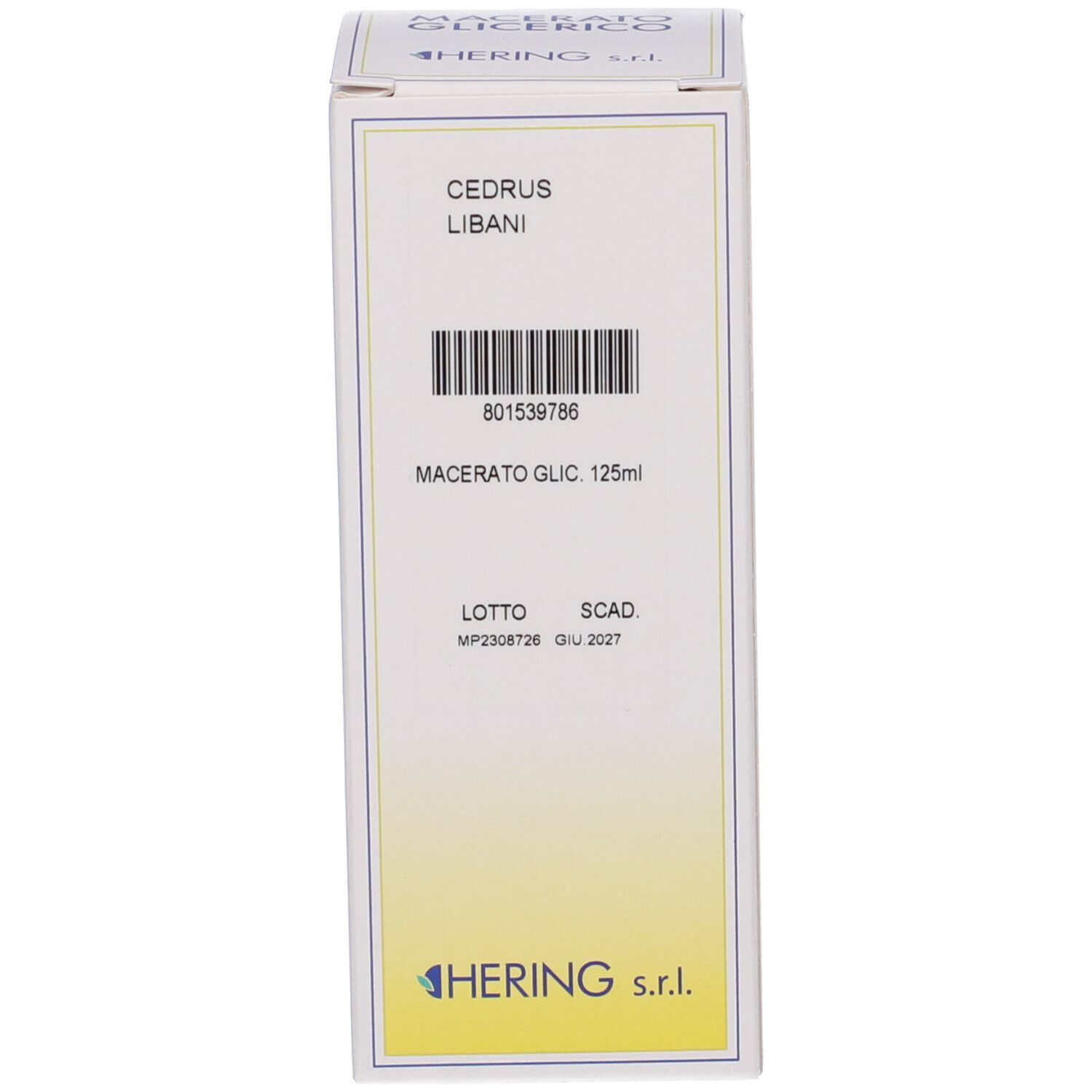 Scatola bianca con testo e codice a barre. Marchio HERING. Nome prodotto: CEDRUS LIBANI, Macerato Glic. 125ml.
