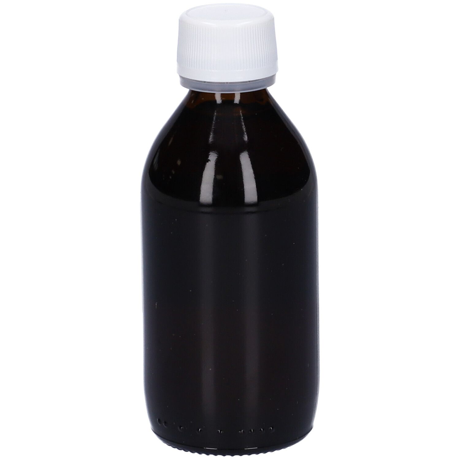 Flacone di vetro marrone con tappo bianco. Nessun dettaglio dell'etichetta visibile. Bottiglia riempita di liquido scuro.