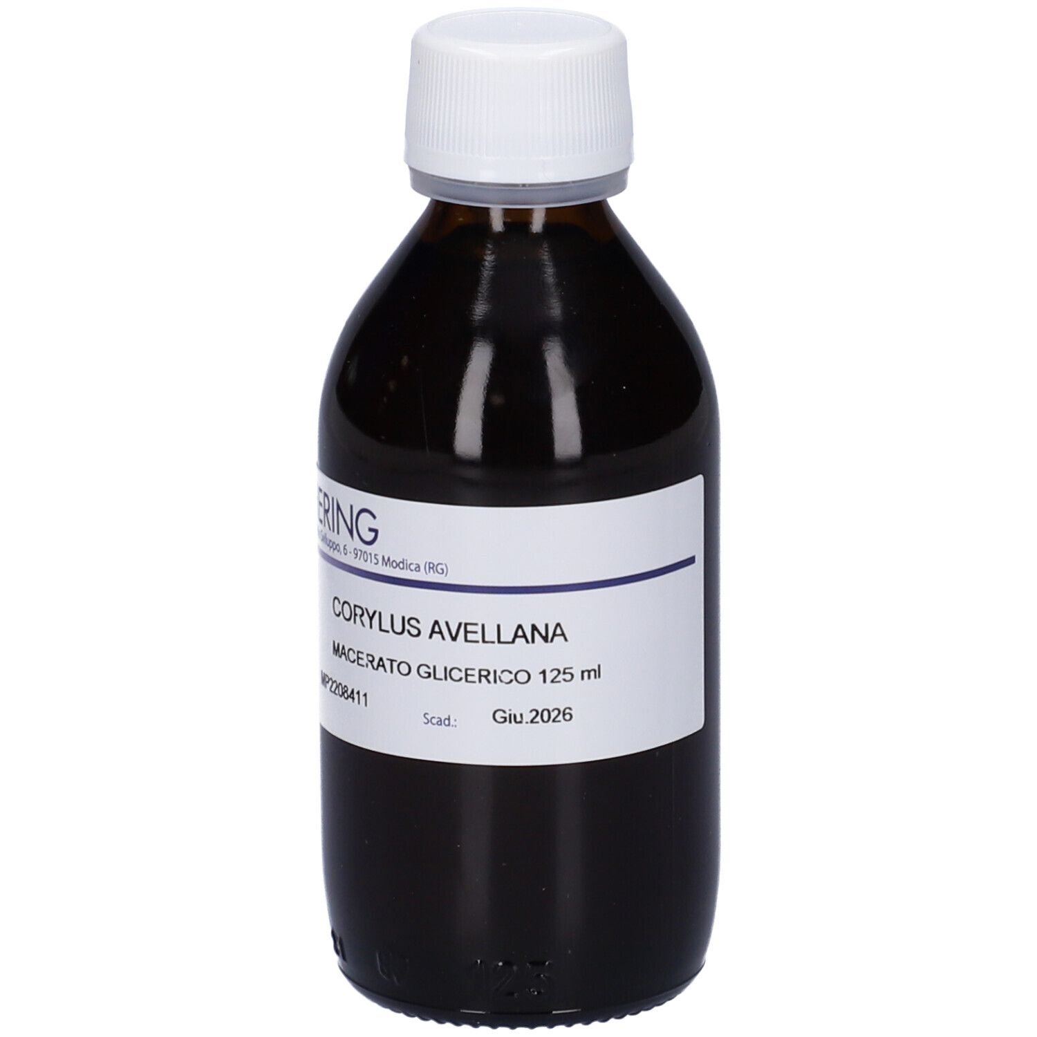 Flacone di vetro marrone con tappo bianco. Etichetta con nome del prodotto e produttore. Scritta: Corylus Avellana Macerato Glicerico.