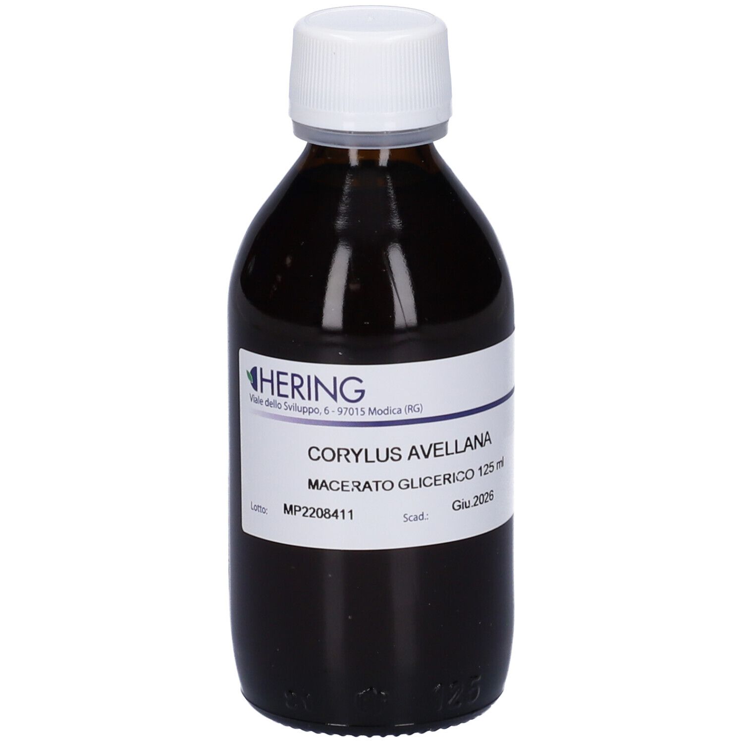 Flacone di vetro marrone con tappo bianco. Etichetta con nome del prodotto e produttore. Scritta: Corylus Avellana Macerato Glicerico.