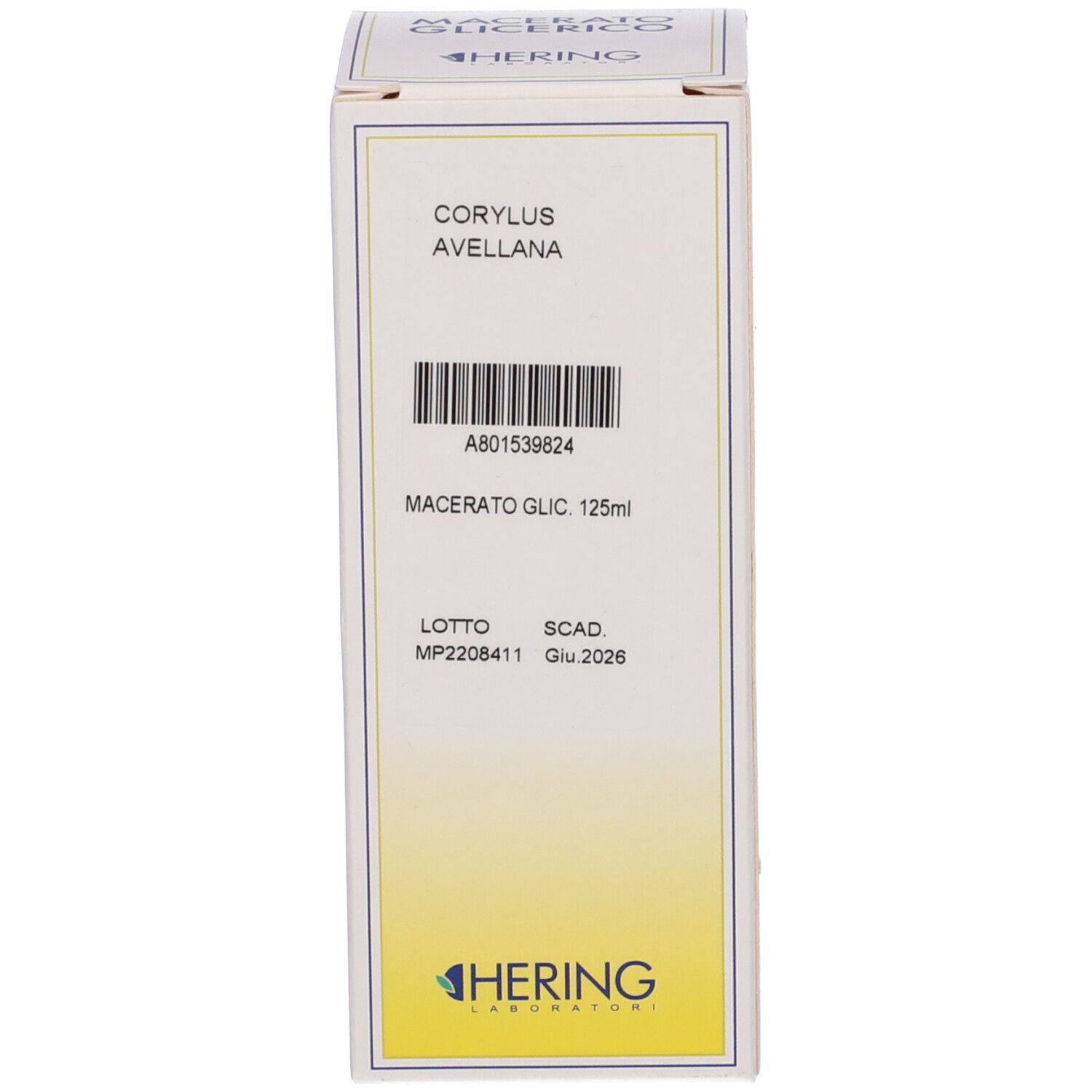 Confezione in cartone con nome del prodotto e logo del produttore. Scritta: Corylus Avellana Macerato Glicerico. Codice a barre.