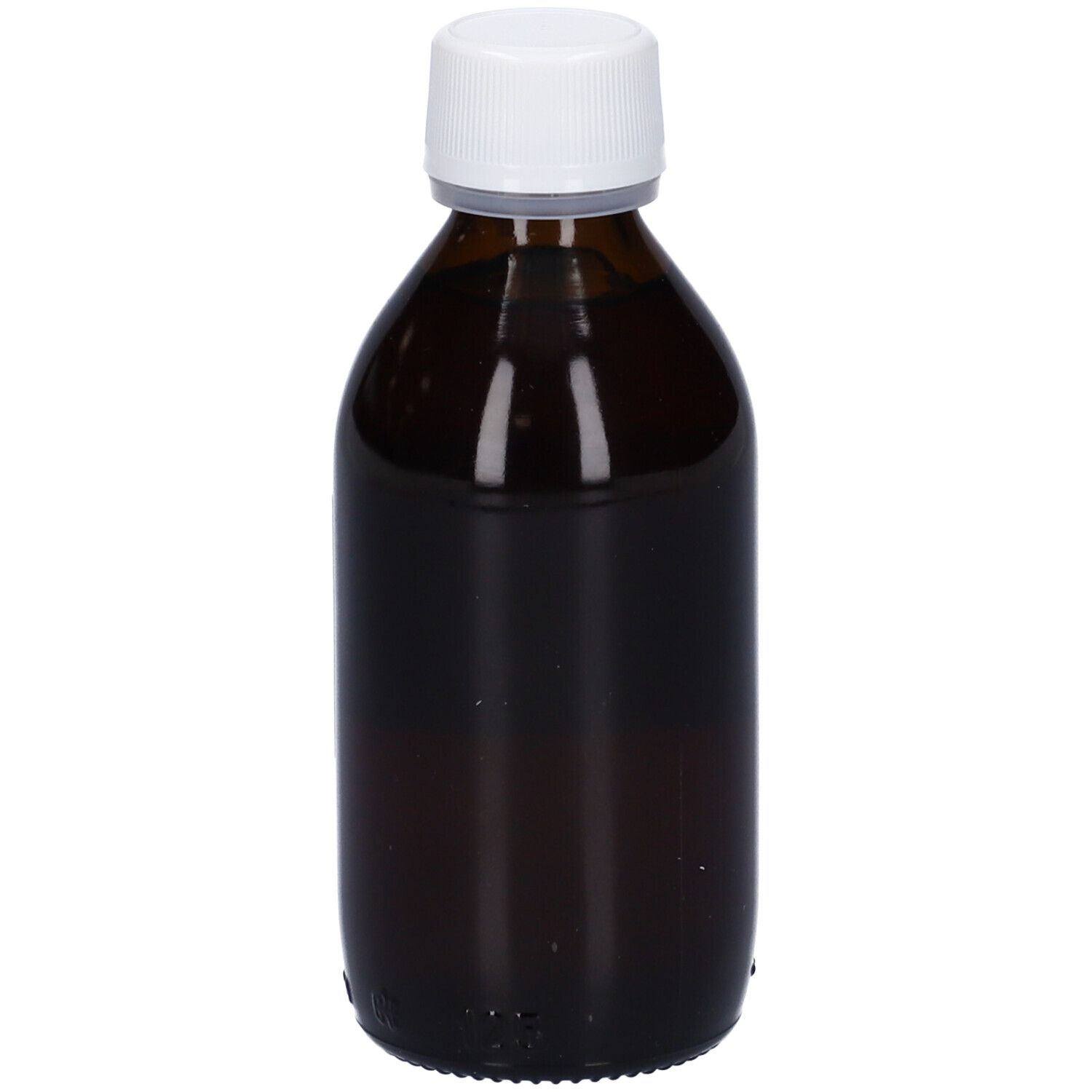 Flacone di vetro marrone con tappo bianco. Nessuna scritta visibile.