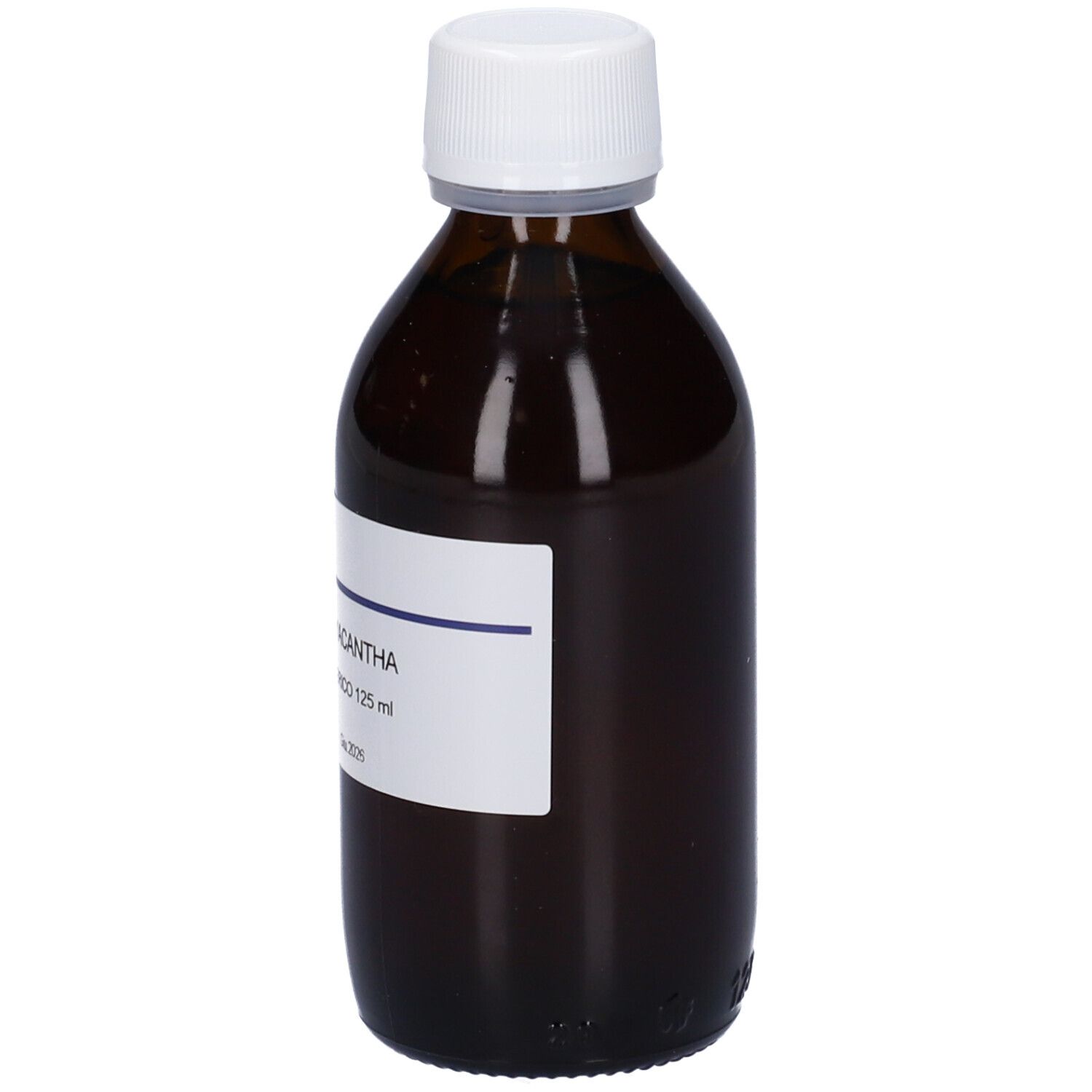 Flacone di vetro marrone con tappo bianco ed etichetta. Scritta: OXYACANTHA, 125 ml.