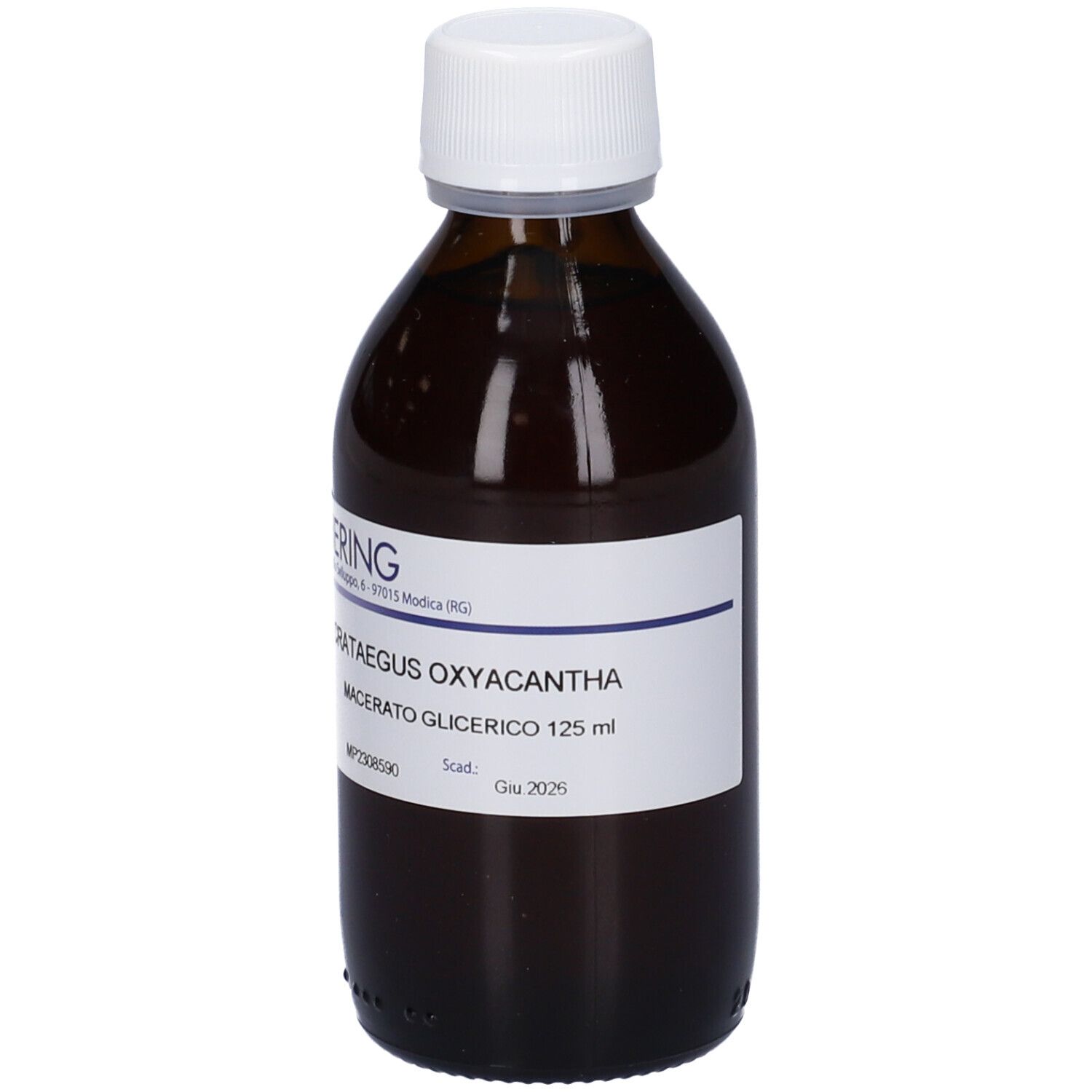 Flacone di vetro marrone con tappo bianco ed etichetta. Scritta: CRATAEGUS OXYACANTHA, Macerato Glicerico 125 ml.