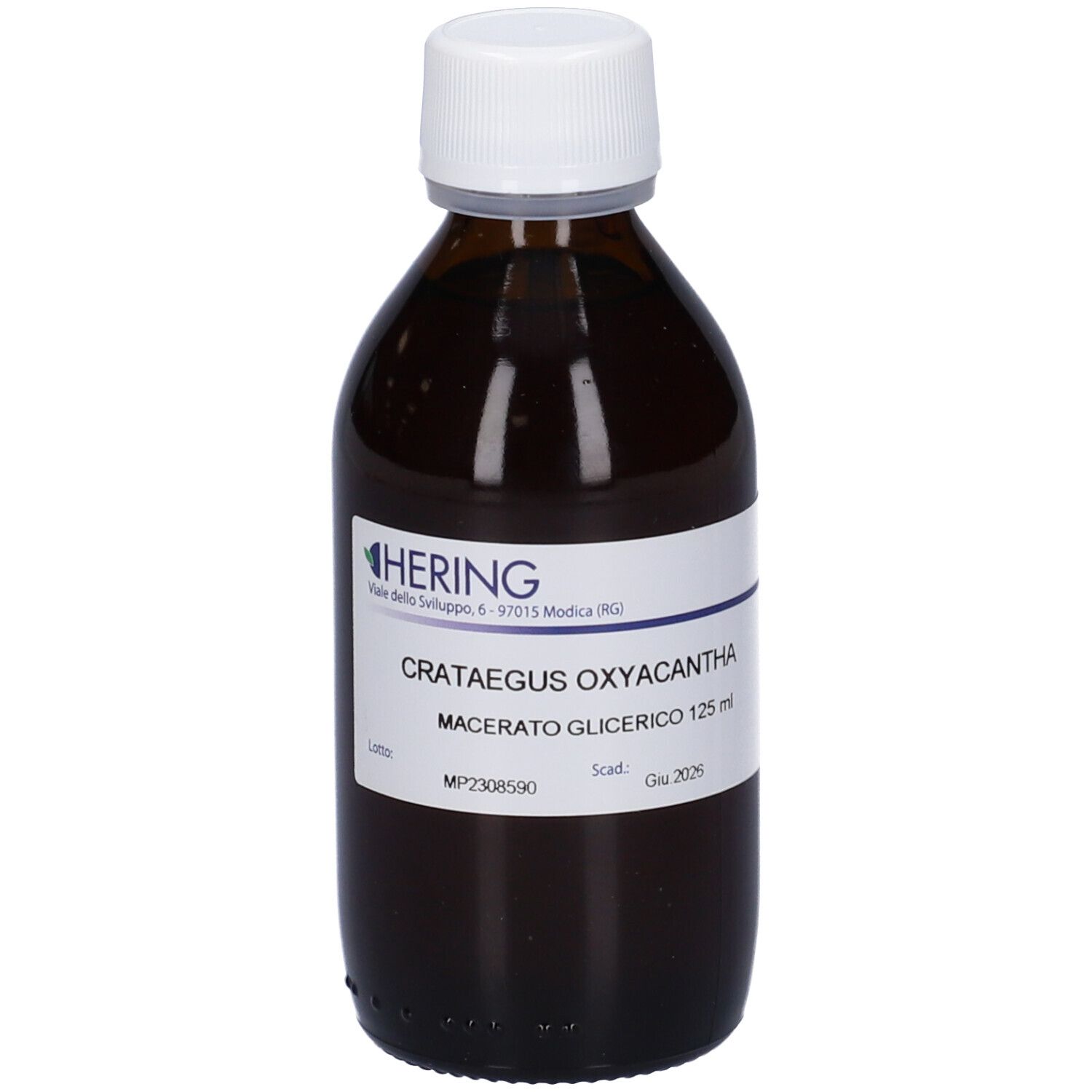 Flacone di vetro marrone con tappo bianco ed etichetta. Scritta: CRATAEGUS OXYACANTHA, Macerato Glicerico 125 ml.