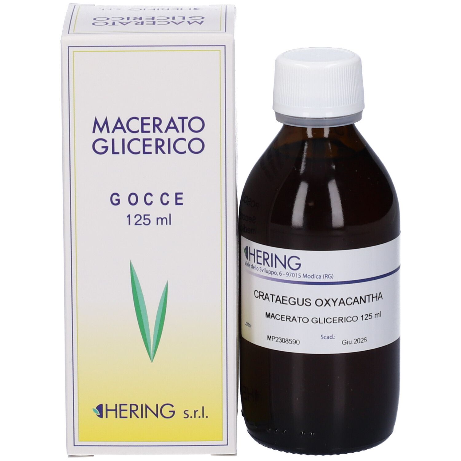 Flacone di vetro marrone con tappo bianco ed etichetta accanto a una scatola bianca. Scritta: Macerato Glicerico, 125 ml.