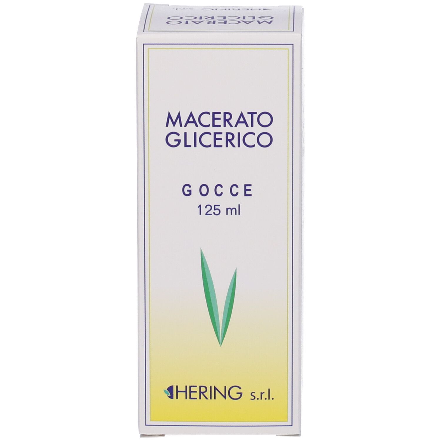 Scatola bianca con scritta: Macerato Glicerico, 125 ml. Logo e foglie verdi.