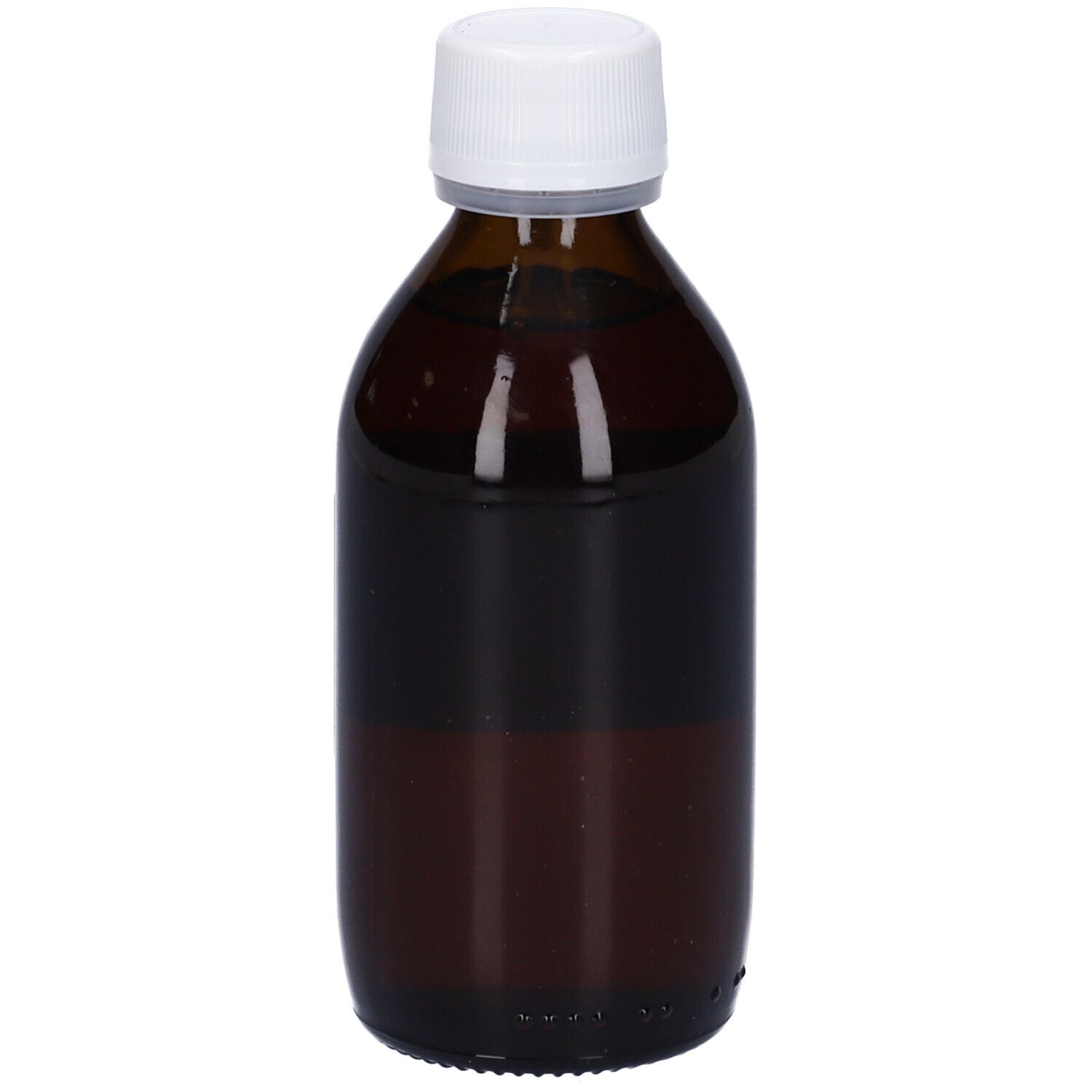 Flacone di vetro marrone con tappo bianco. Liquido visibile. Nessuna scritta.
