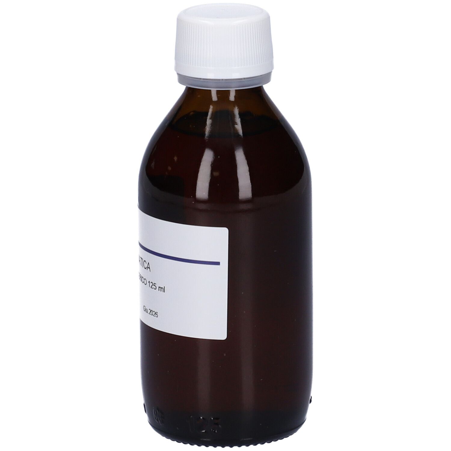 Flacone di vetro marrone con tappo bianco ed etichetta. Scritta: Fagus Sylvatica, Macerato Glicerico 125 ml. Marchio HERING.