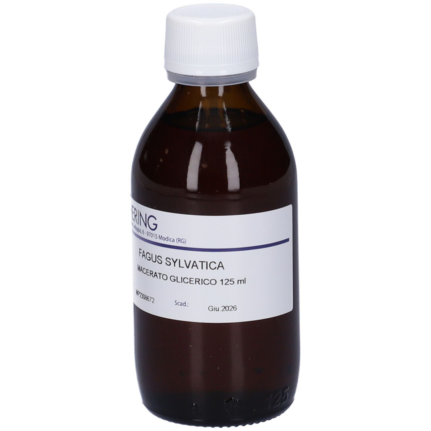 Flacone di vetro marrone con tappo bianco ed etichetta. Scritta: Fagus Sylvatica, Macerato Glicerico 125 ml. Marchio HERING.