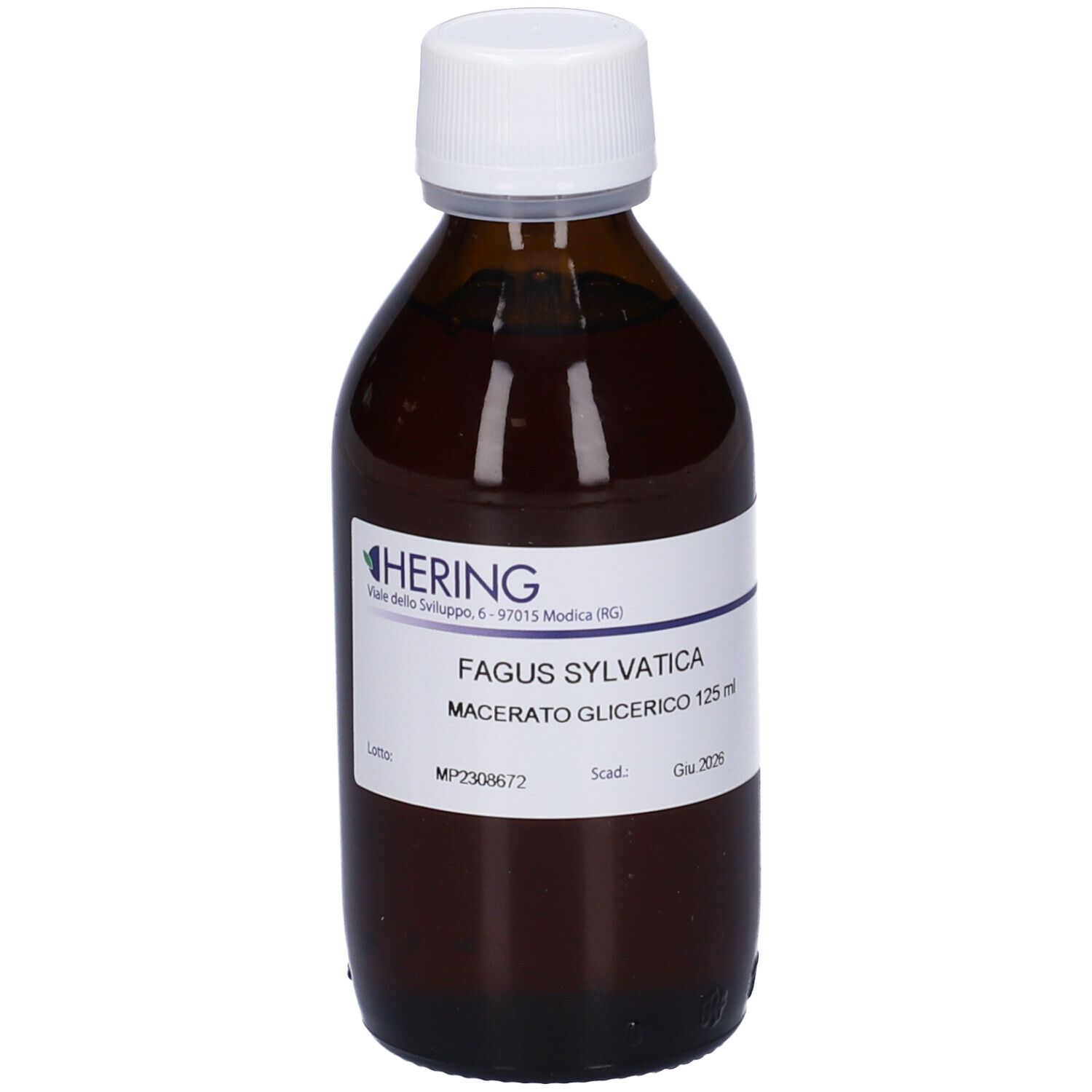 Flacone di vetro marrone con tappo bianco ed etichetta. Scritta: Fagus Sylvatica, Macerato Glicerico 125 ml. Marchio HERING.