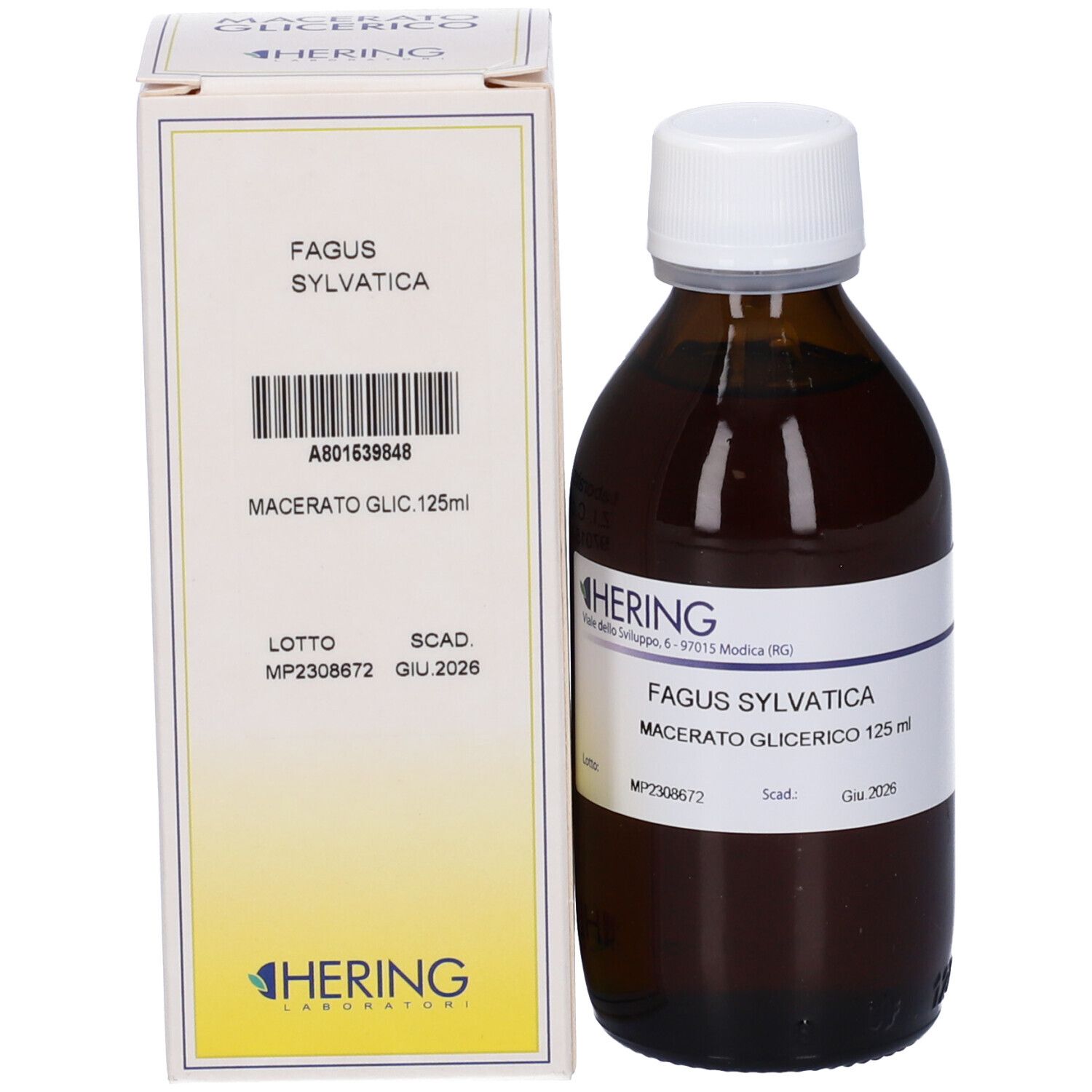 Flacone e confezione. Flacone: vetro marrone, tappo bianco, etichetta. Confezione: bianca, gialla, nome prodotto.