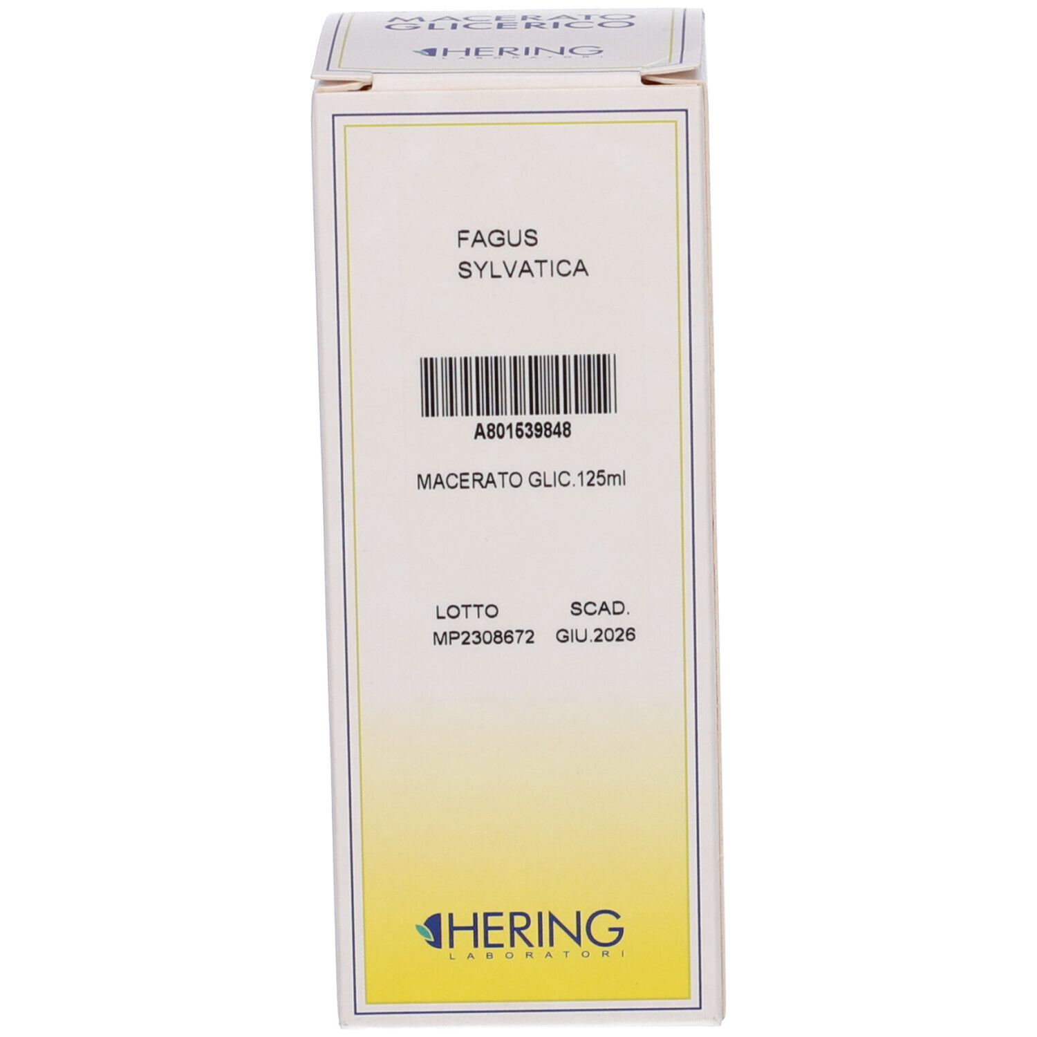 Confezione bianca e gialla. Scritta: Fagus Sylvatica, Macerato Glic. 125ml. Marchio HERING.