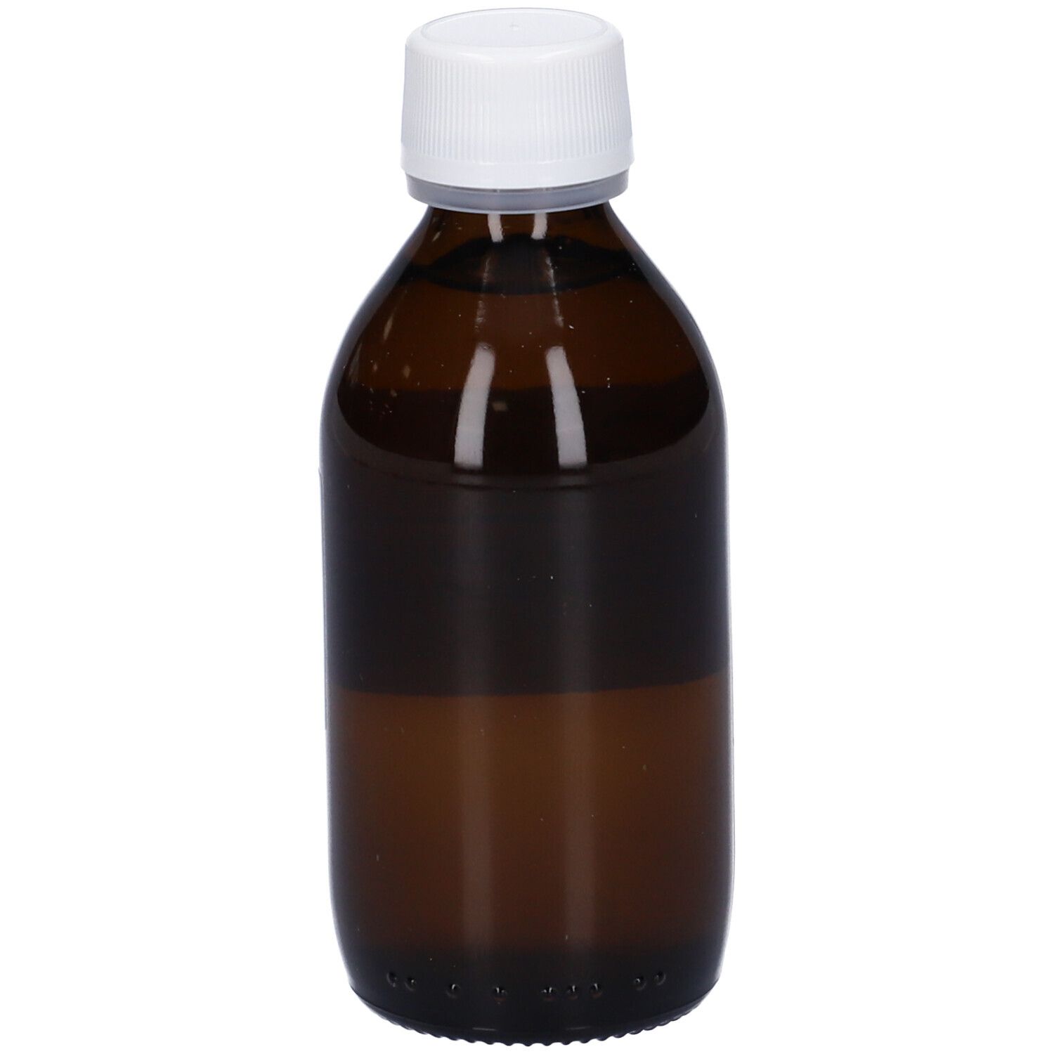 Flacone di vetro marrone con tappo bianco. Etichetta con informazioni sul prodotto. Logo HERING visibile.