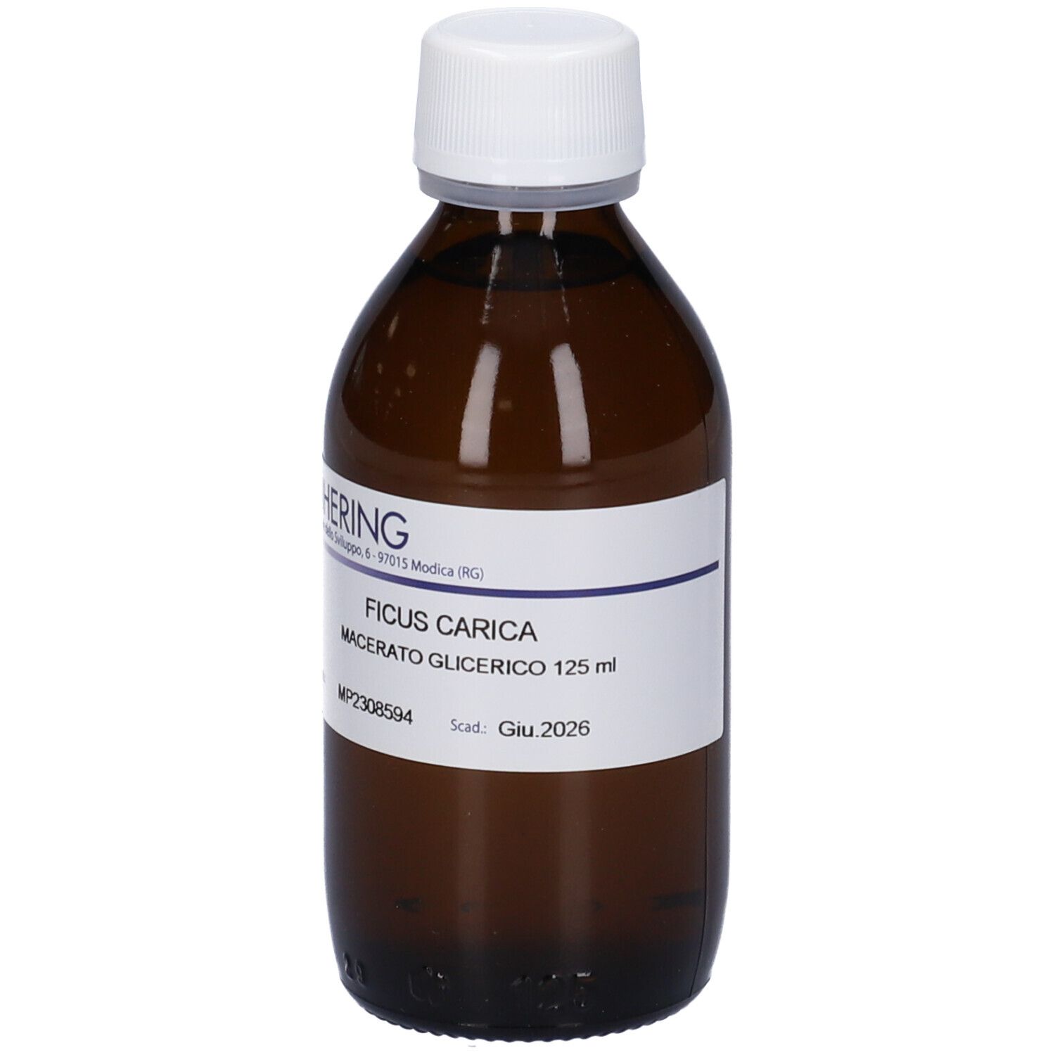 Flacone di vetro marrone con tappo bianco. Etichetta con informazioni sul prodotto. Logo HERING visibile.