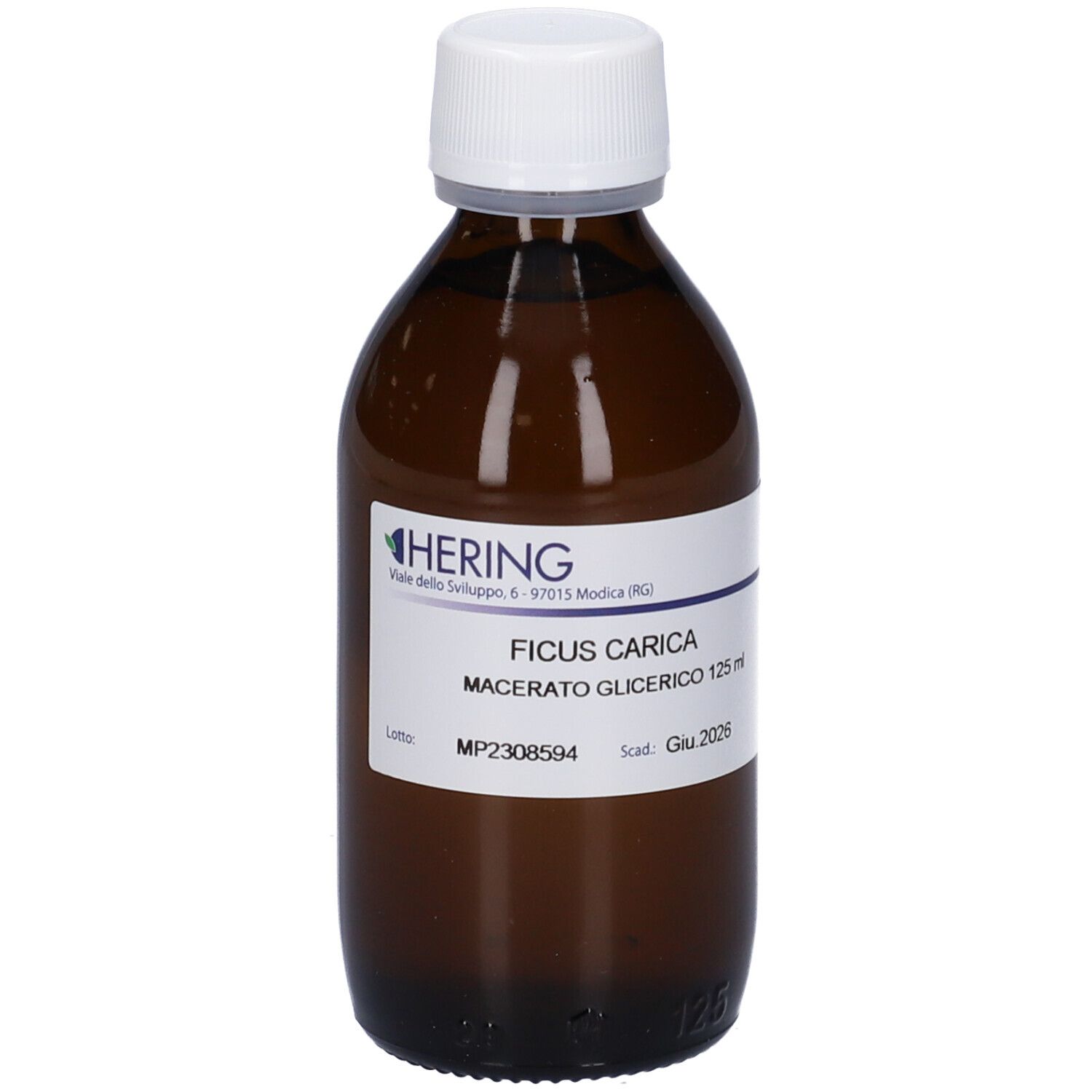 Flacone di vetro marrone con tappo bianco. Etichetta con informazioni sul prodotto. Logo HERING visibile.