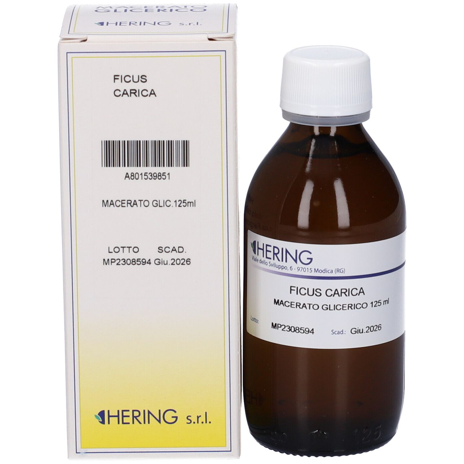 Flacone e confezione. Flacone marrone con tappo bianco. Confezione bianca con informazioni sul prodotto.