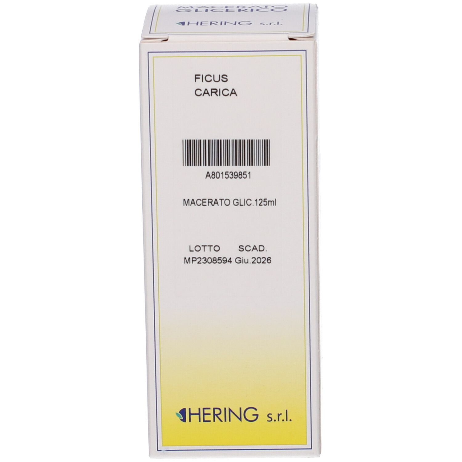 Confezione bianca. Testo: FICUS CARICA, MACERATO GLIC. 125ml, logo HERING.