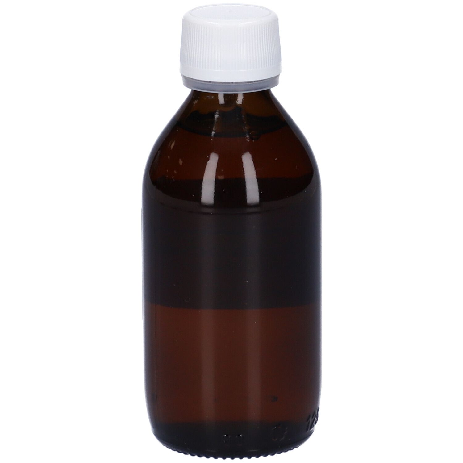 Flacone di vetro marrone con tappo bianco. Liquido visibile. Nessuna etichetta o logo.