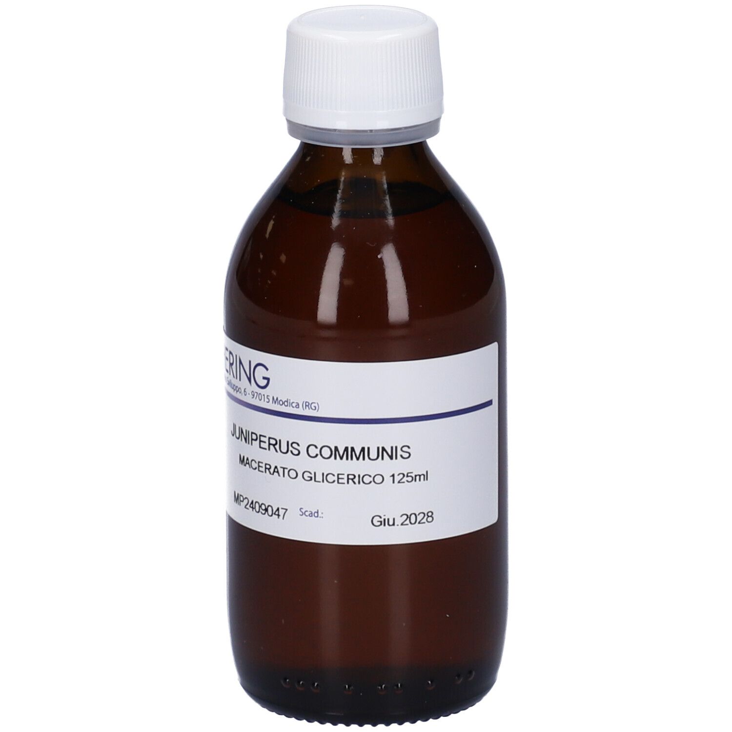 Flacone di vetro marrone con tappo bianco. Etichetta con testo. Logo HERING. Liquido visibile.