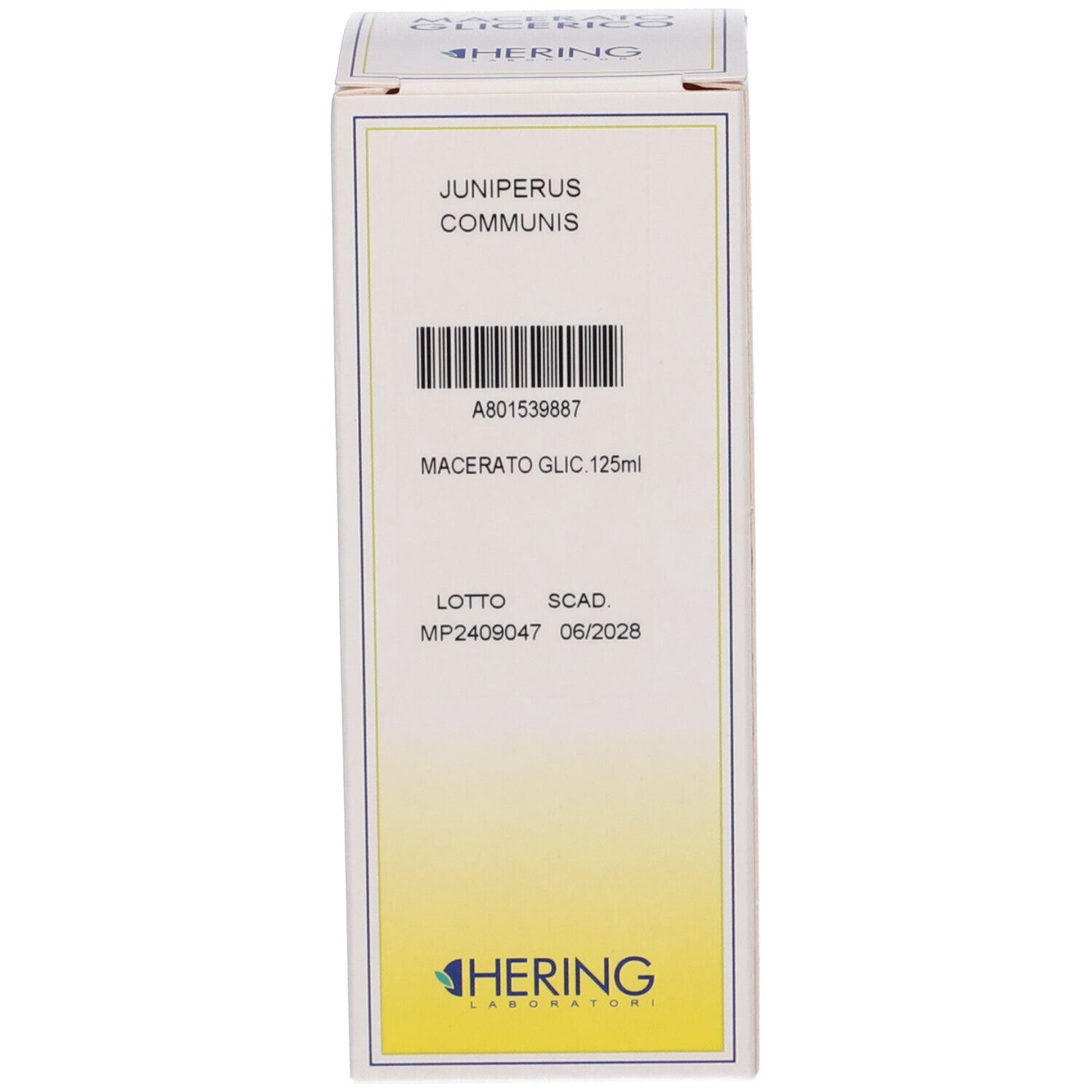 Scatola con testo e logo HERING. Sfondo bianco. Informazioni sul prodotto.