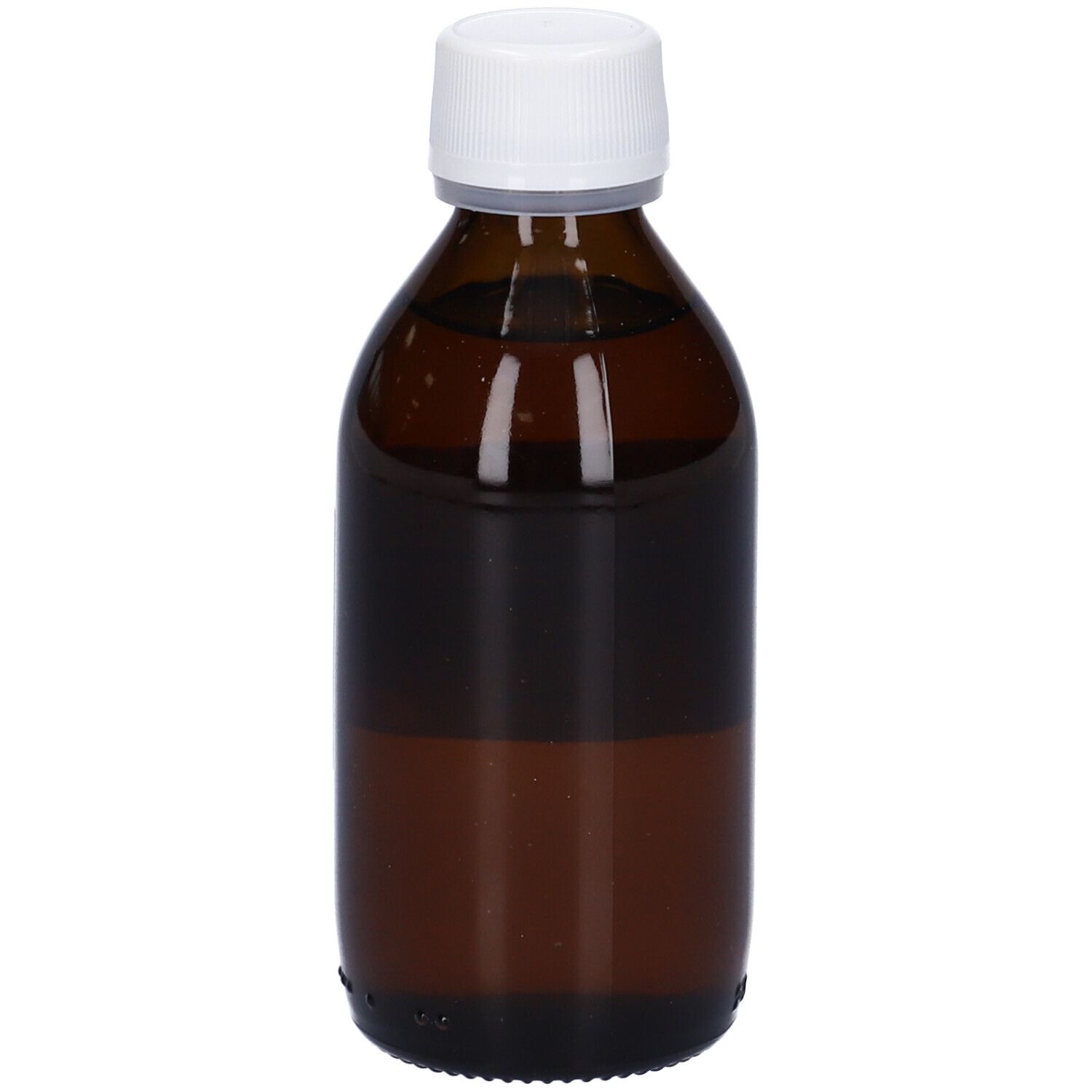 Flacone di vetro marrone con tappo bianco. Etichetta con informazioni sul prodotto. Marchio Hering.