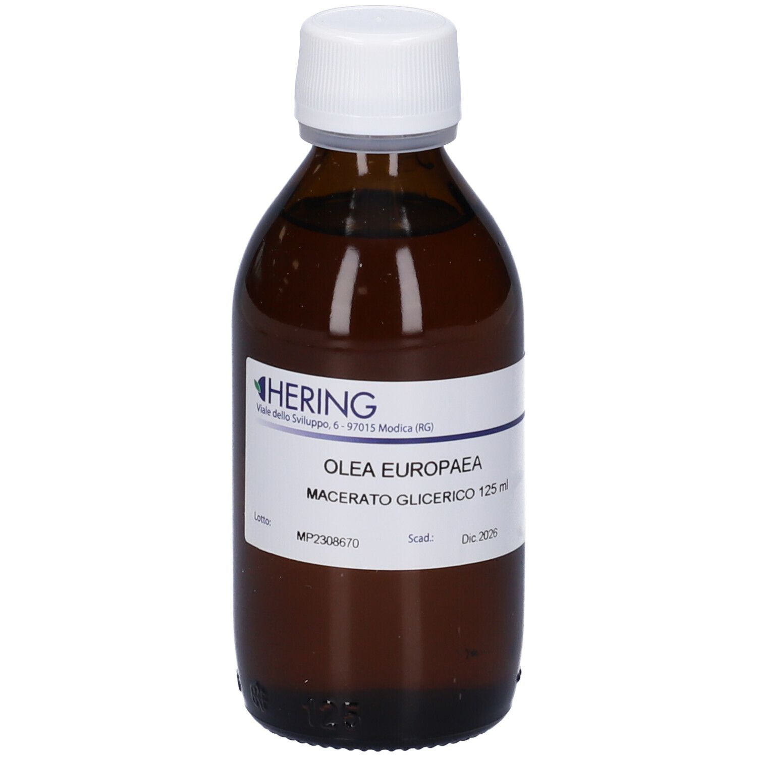 Flacone di vetro marrone con tappo bianco. Etichetta con informazioni sul prodotto. Marchio Hering.