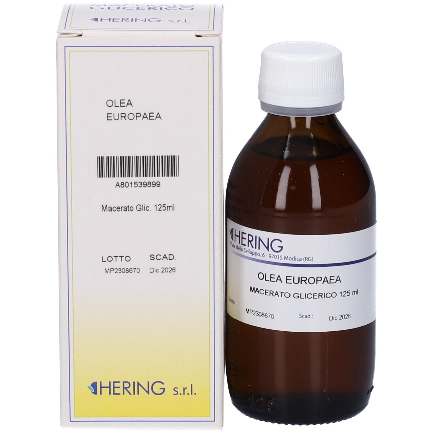 Flacone di vetro marrone con tappo bianco e confezione. Marchio Hering.