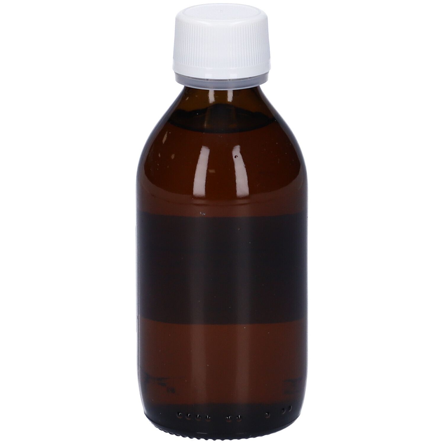 Flacone di vetro marrone con tappo bianco. Etichetta con nome del prodotto e produttore. Liquido visibile.