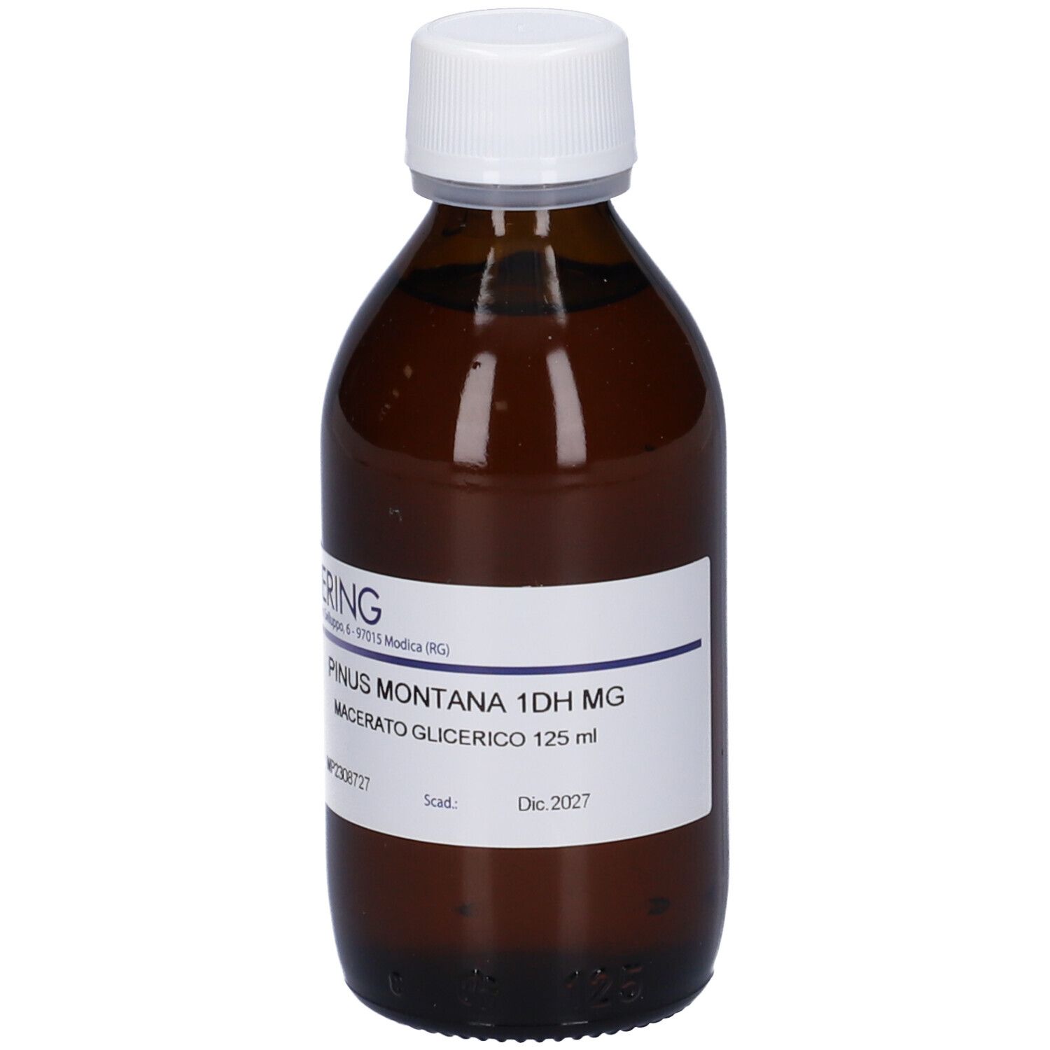 Flacone di vetro marrone con tappo bianco. Etichetta con nome del prodotto e produttore. Liquido visibile.