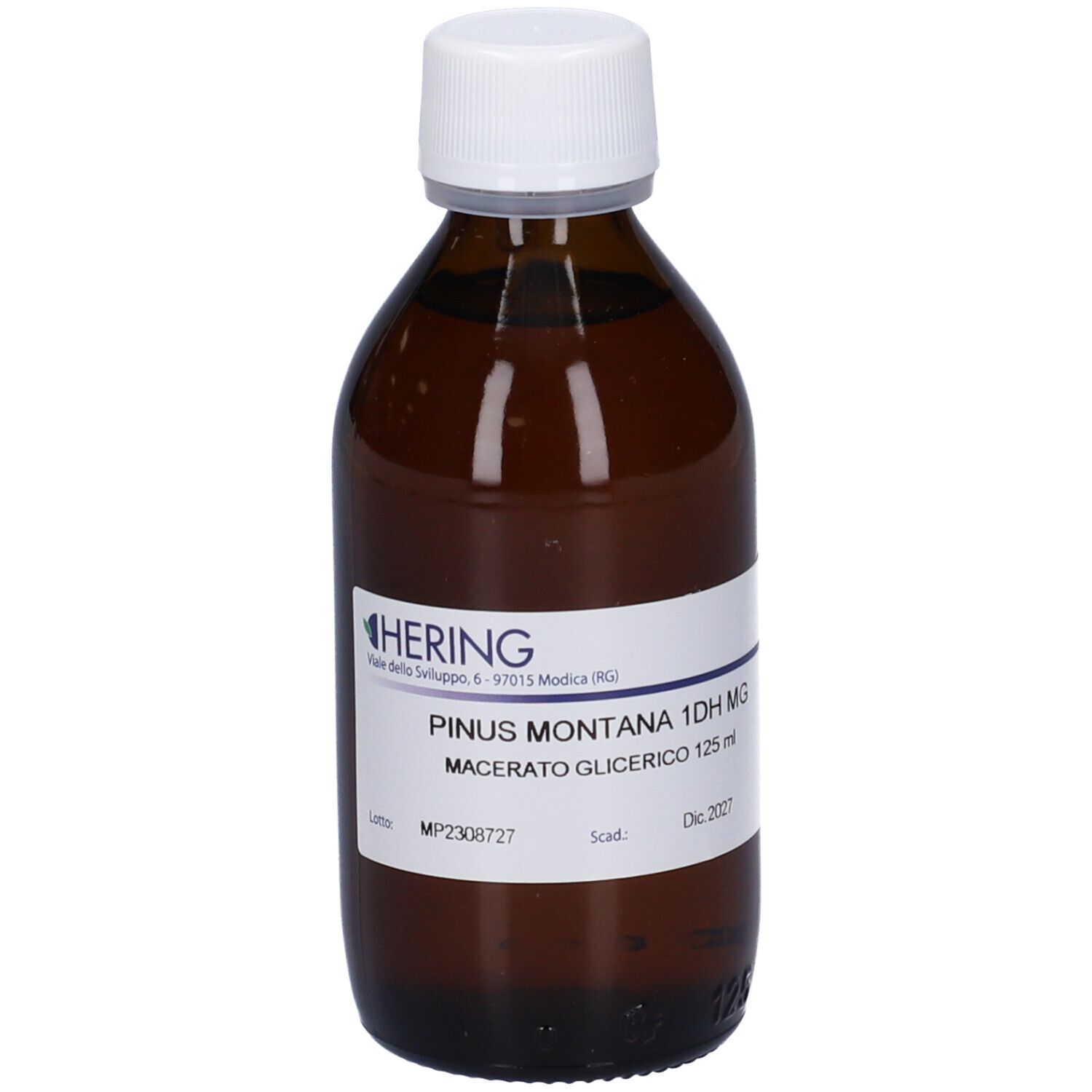 Flacone di vetro marrone con tappo bianco. Etichetta con nome del prodotto e produttore. Liquido visibile.